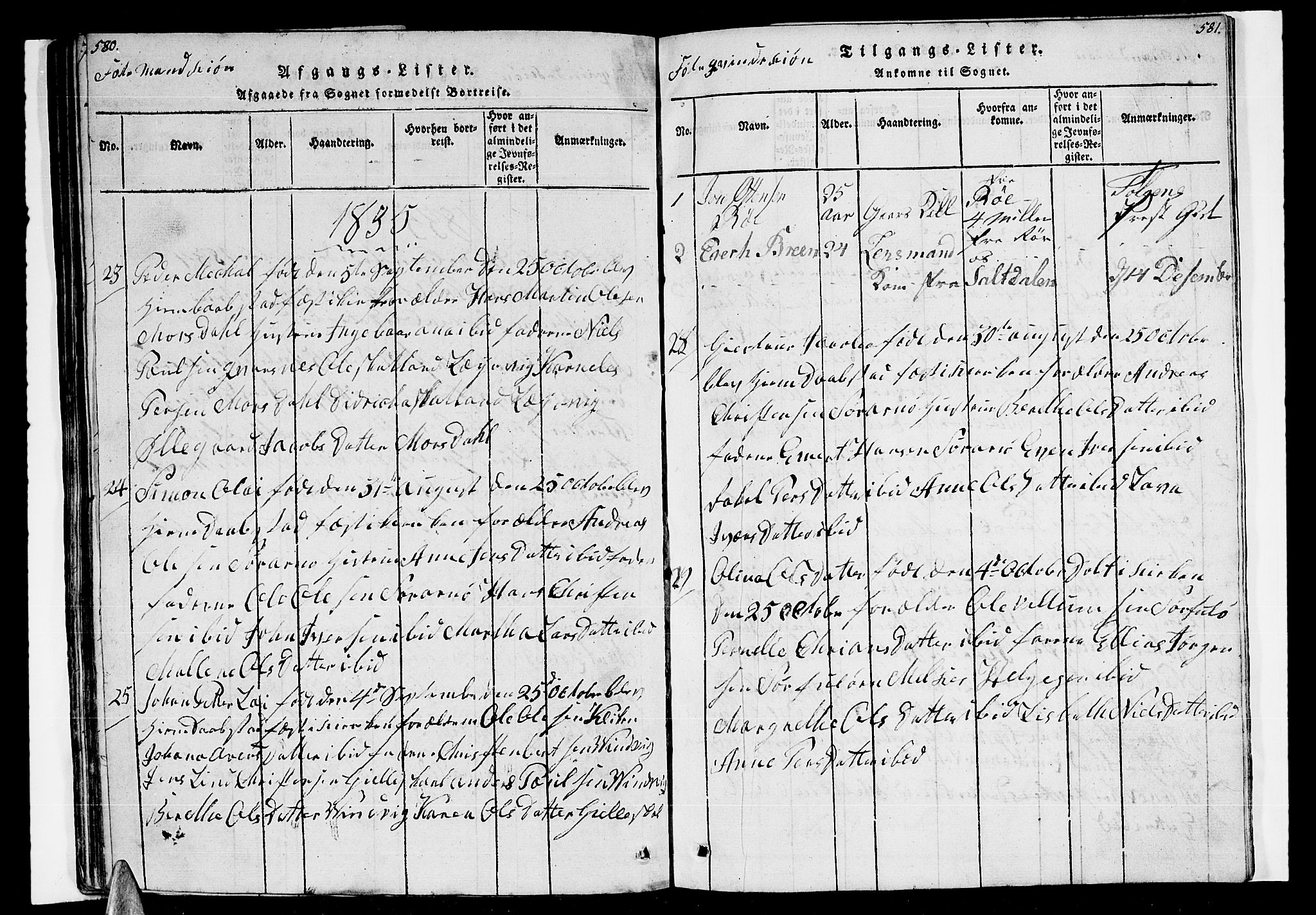 Ministerialprotokoller, klokkerbøker og fødselsregistre - Nordland, SAT/A-1459/805/L0105: Klokkerbok nr. 805C01, 1820-1839, s. 580-581