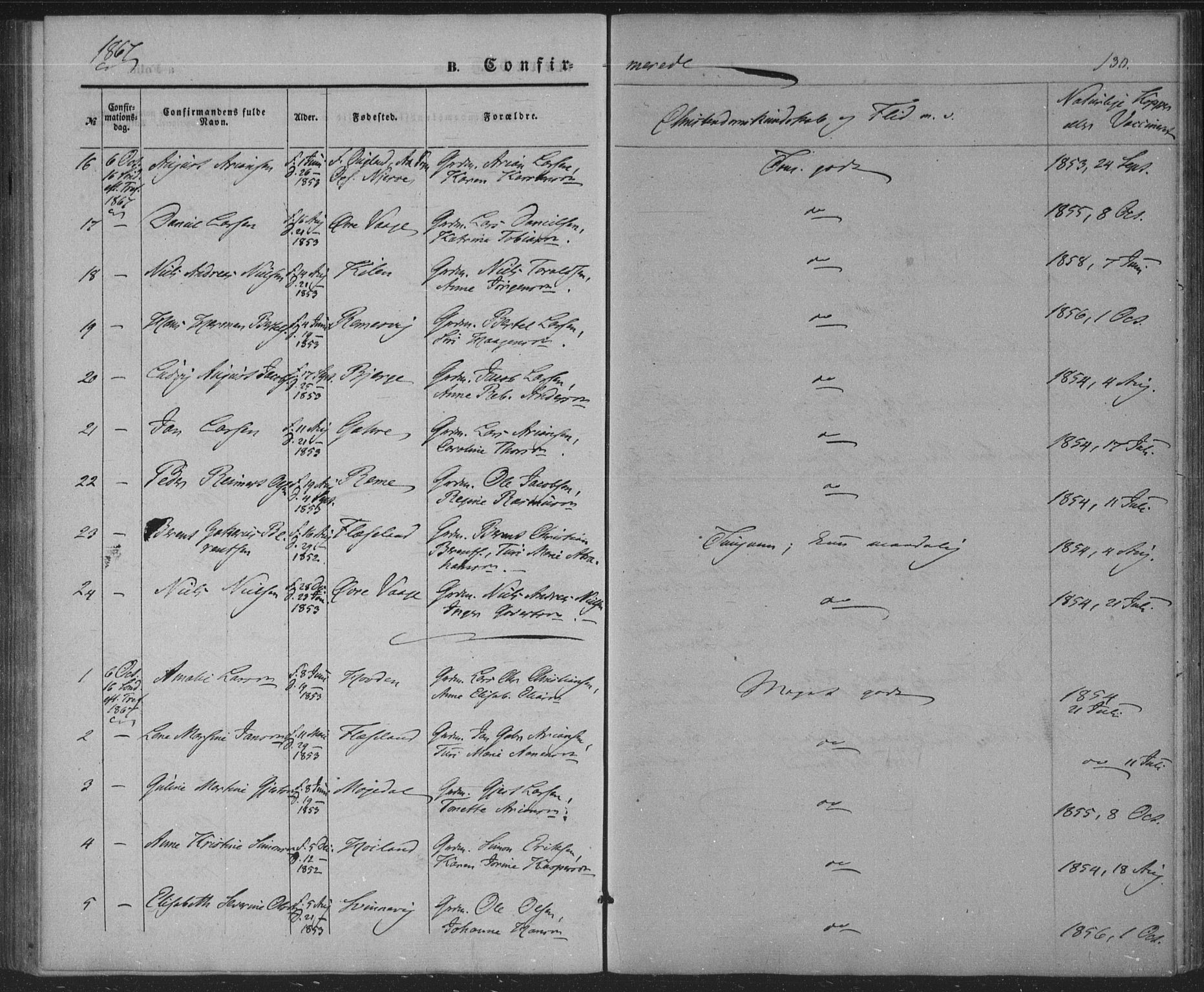 Sør-Audnedal sokneprestkontor, AV/SAK-1111-0039/F/Fa/Faa/L0002: Ministerialbok nr. A 2, 1848-1867, s. 130
