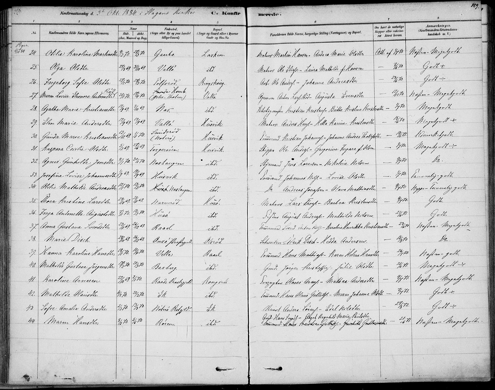 Sem kirkebøker, AV/SAKO-A-5/F/Fb/L0004: Ministerialbok nr. II 4, 1878-1891, s. 189