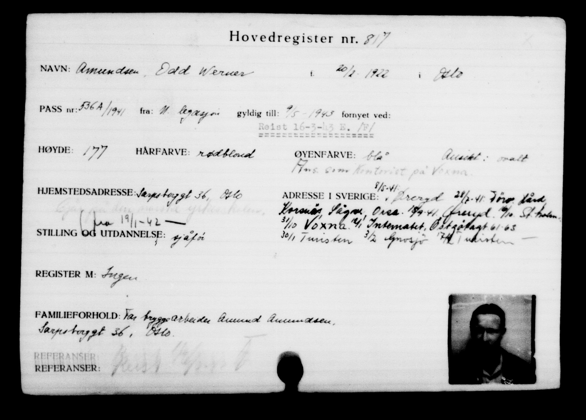 Utenriksstasjonene, Legasjonen i Stockholm, Flyktningkontoret, AV/RA-S-6753/V/Va/L0001: Kjesäterkartoteket, flyktninger med registreringsnr. 1-1000, 1940-1945, s. 1292