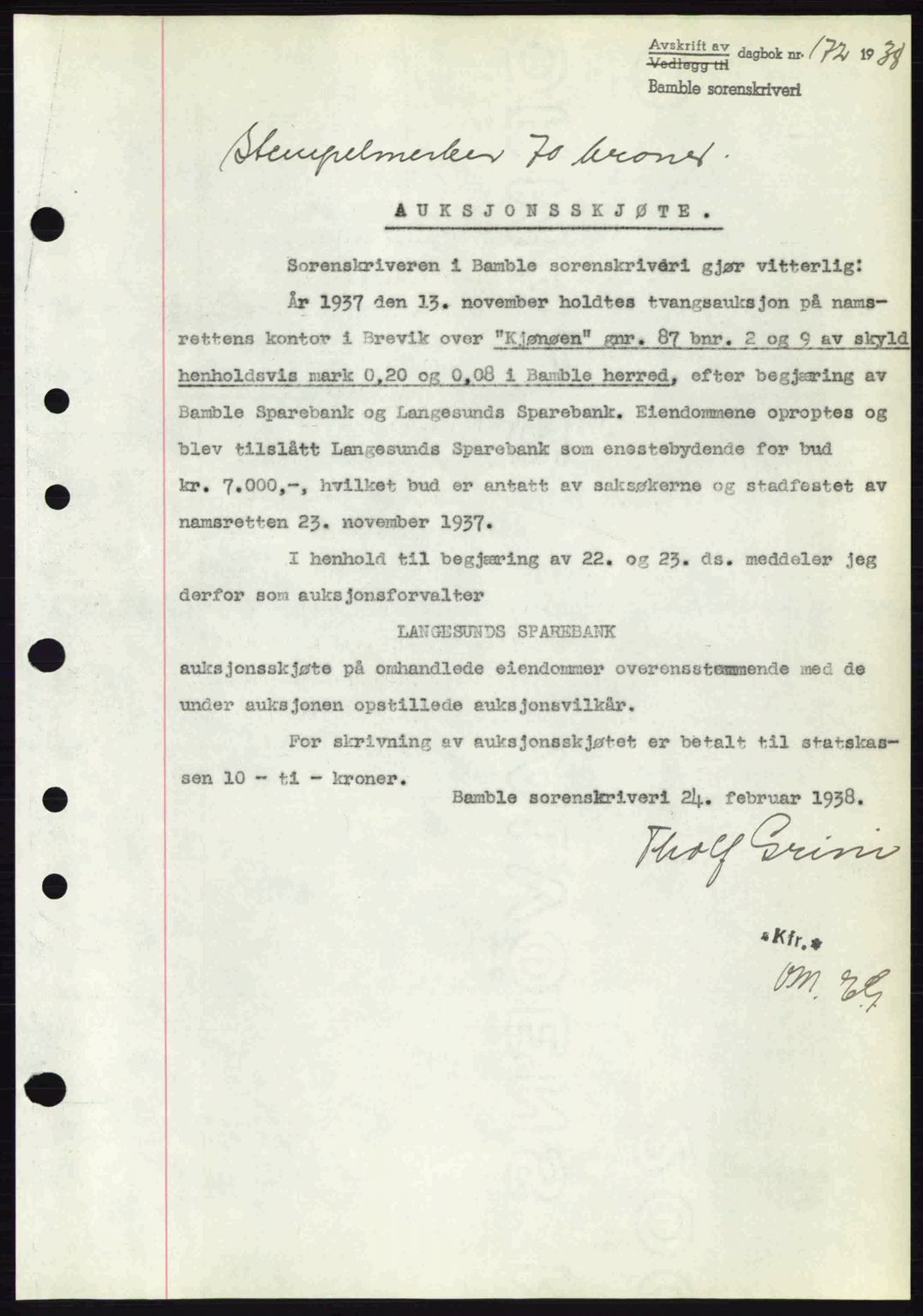 Bamble sorenskriveri, AV/SAKO-A-214/G/Ga/Gag/L0002: Pantebok nr. A-2, 1937-1938, Dagboknr: 172/1938
