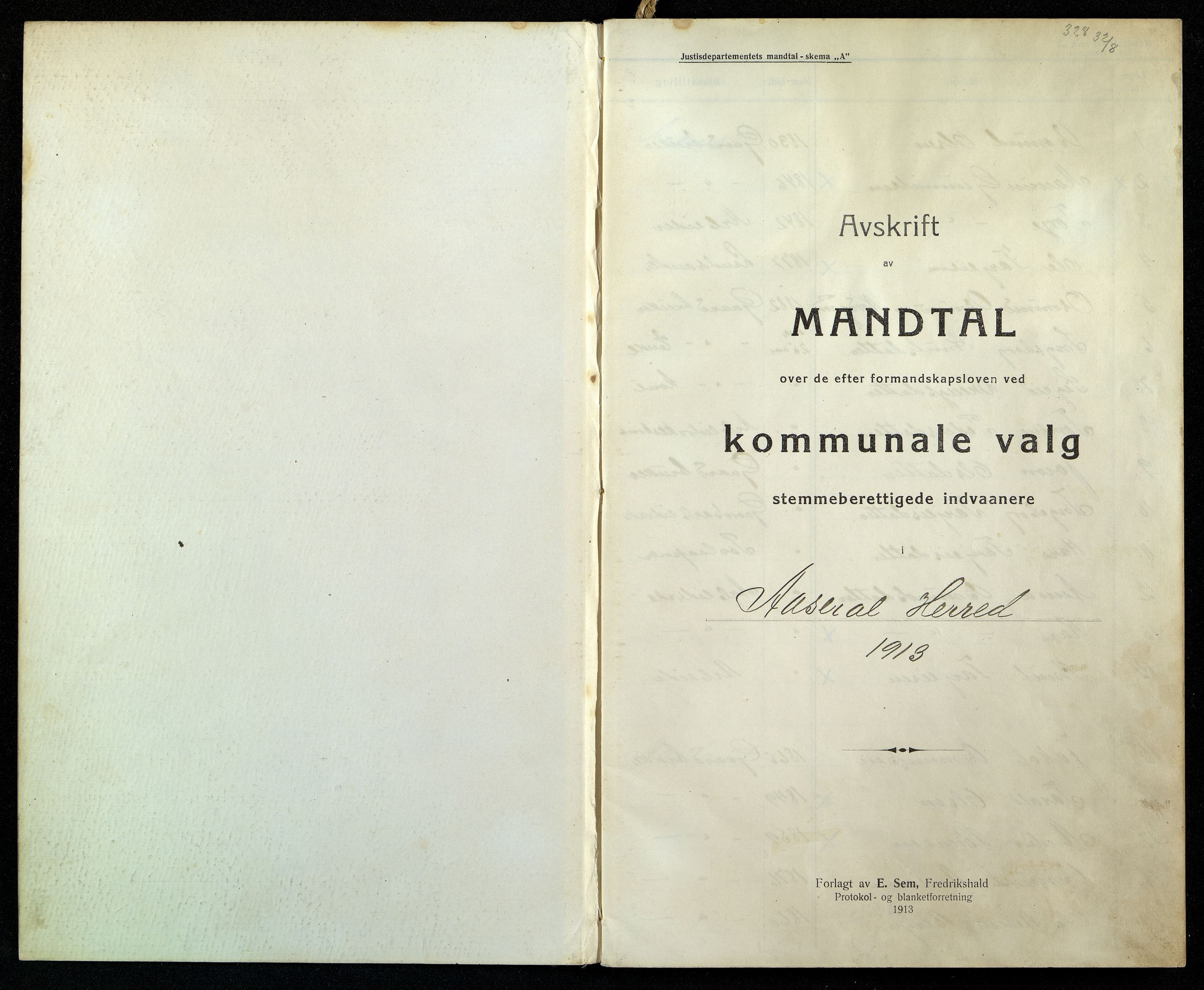 Åseral kommune - Valgstyret, IKAV/1026ÅS110/F/L0002: Kommunalt manntall 1913 (avskrift), 1913