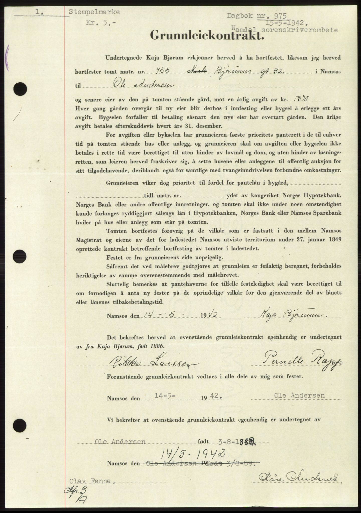 Namdal sorenskriveri, SAT/A-4133/1/2/2C: Pantebok nr. -, 1941-1942, Dagboknr: 975/1942