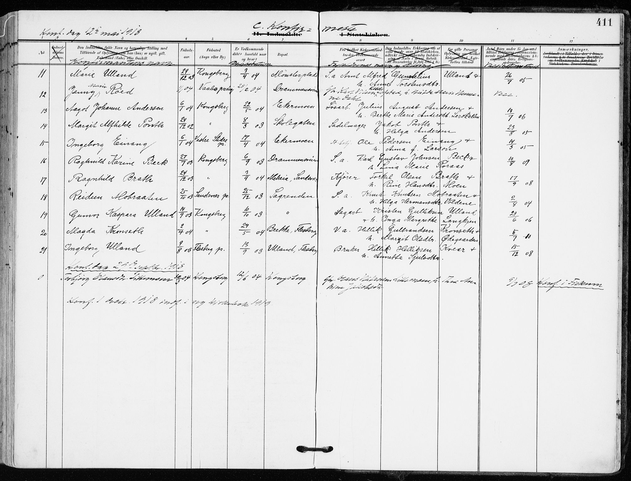 Kongsberg kirkebøker, AV/SAKO-A-22/F/Fb/L0004: Ministerialbok nr. II 4, 1906-1918, s. 411