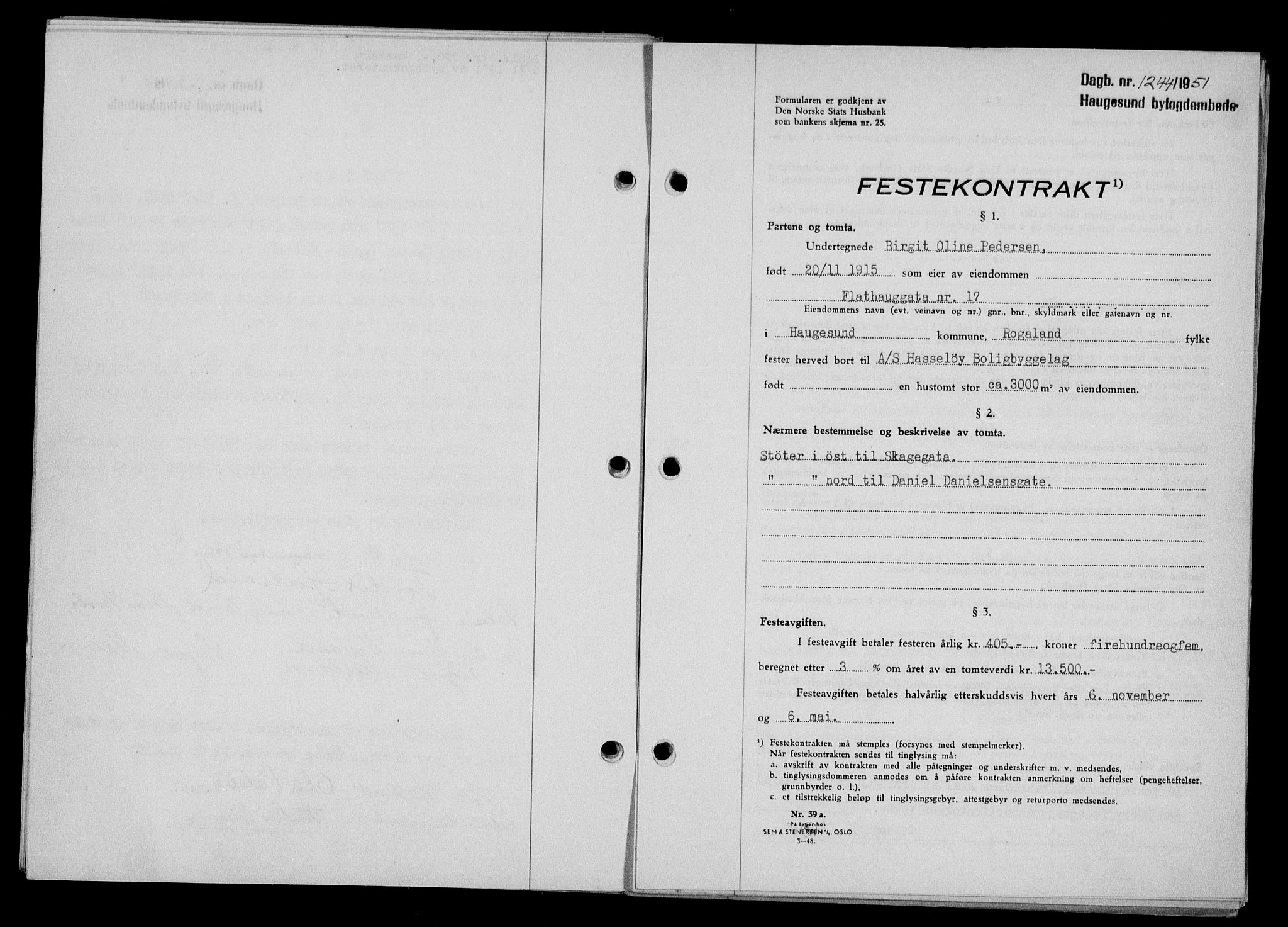 Haugesund tingrett, SAST/A-101415/01/II/IIC/L0065: Pantebok nr. A 6, 1951-1953, Dagboknr: 1244/1951