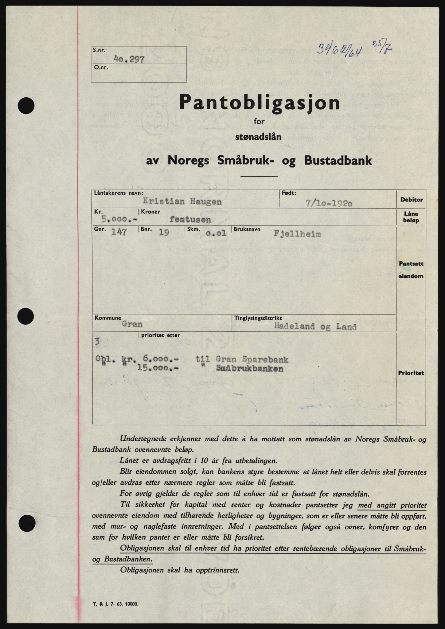 Hadeland og Land tingrett, SAH/TING-010/H/Hb/Hbc/L0055: Pantebok nr. B55, 1964-1964, Dagboknr: 3462/1964