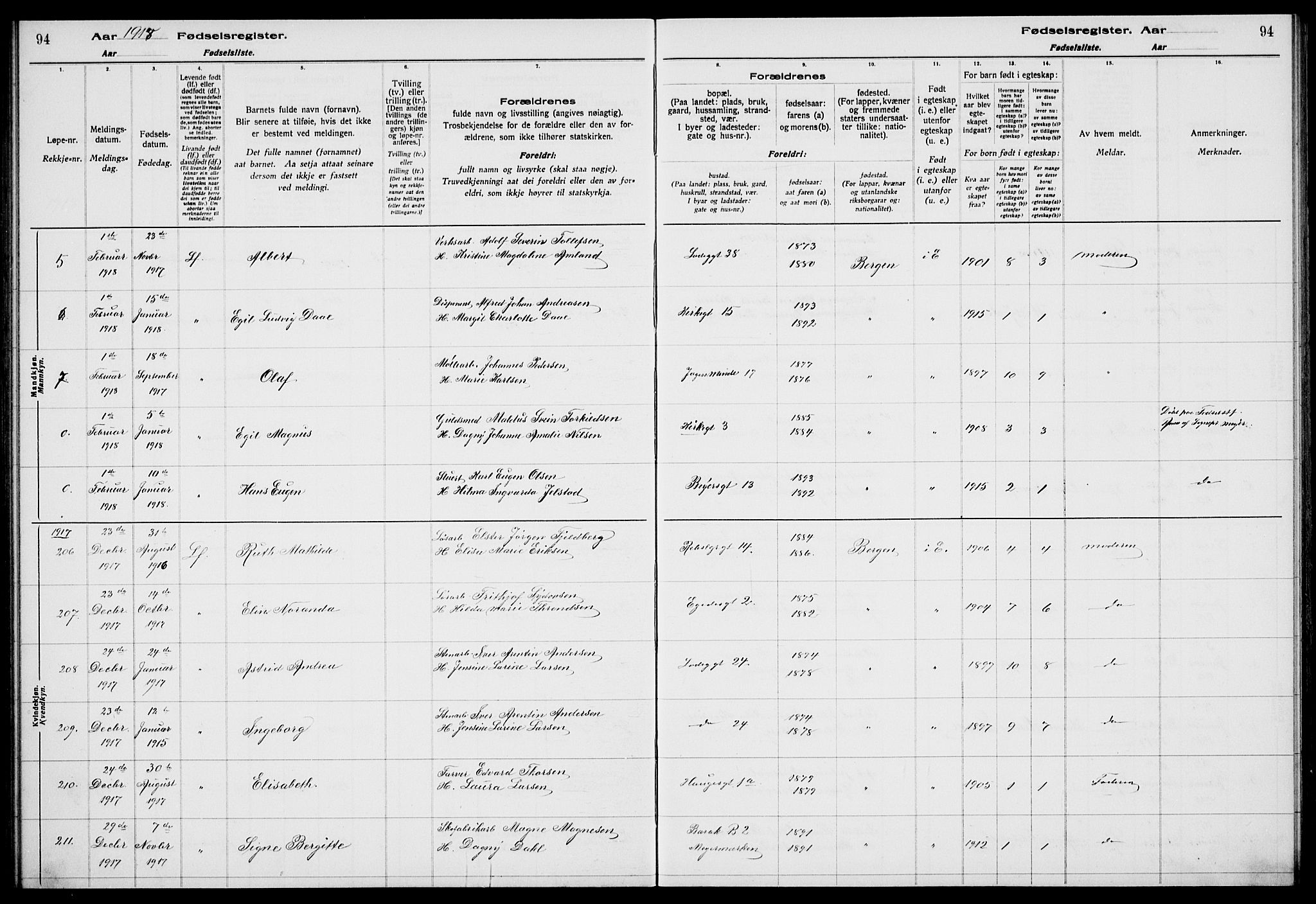 Sandviken Sokneprestembete, SAB/A-77601/I/Ib/L00A1: Fødselsregister nr. A 1, 1915-1920, s. 94