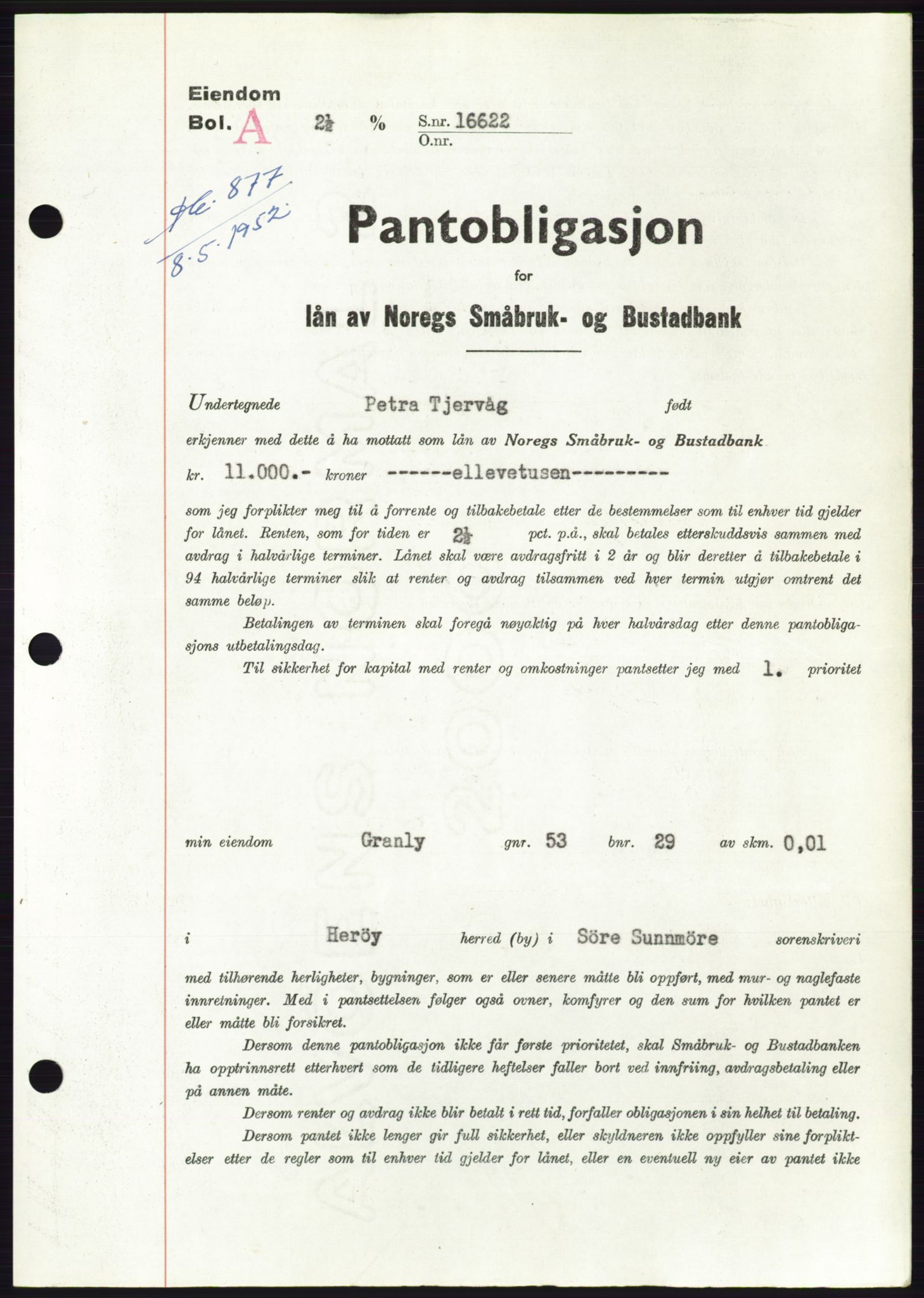 Søre Sunnmøre sorenskriveri, AV/SAT-A-4122/1/2/2C/L0121: Pantebok nr. 9B, 1951-1952, Dagboknr: 877/1952