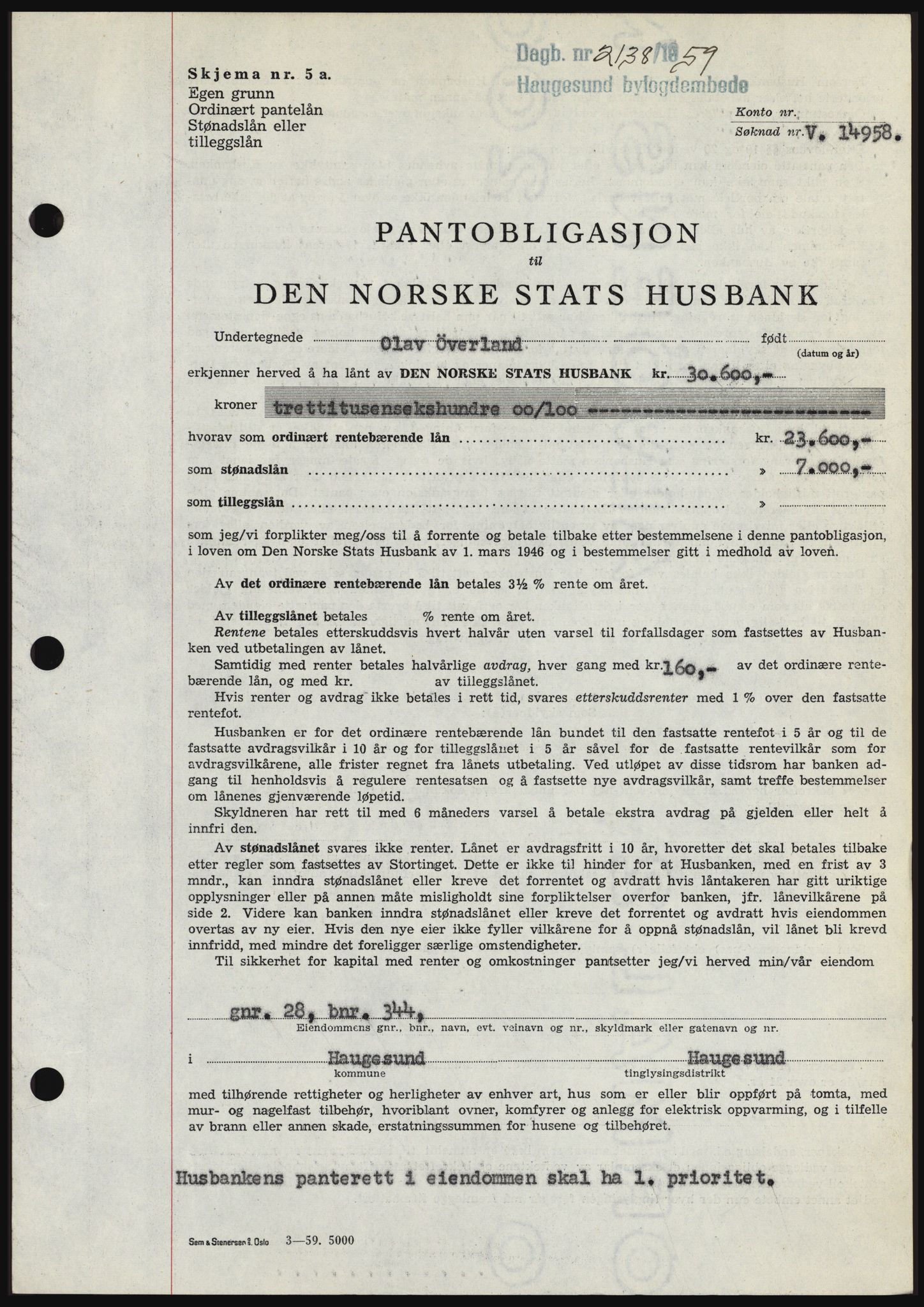 Haugesund tingrett, SAST/A-101415/01/II/IIC/L0045: Pantebok nr. B 45, 1959-1959, Dagboknr: 2138/1959
