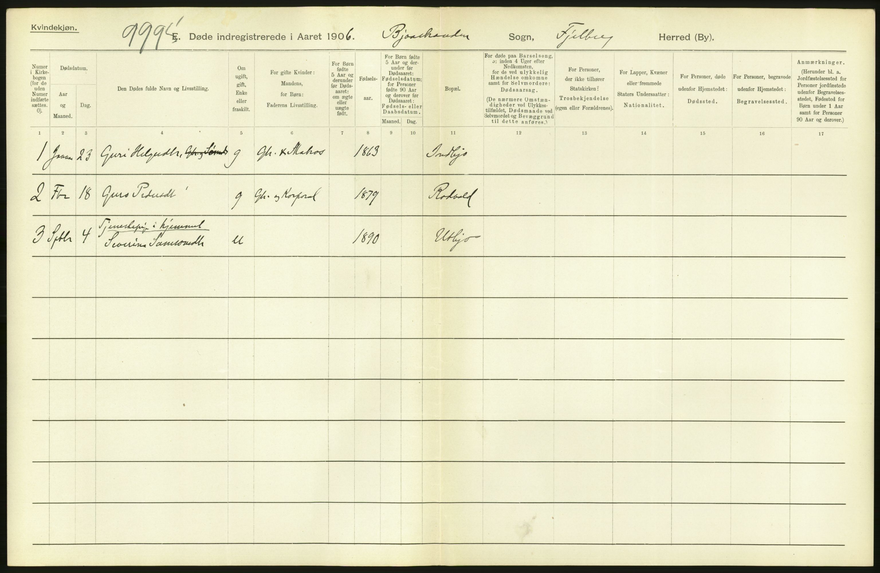 Statistisk sentralbyrå, Sosiodemografiske emner, Befolkning, AV/RA-S-2228/D/Df/Dfa/Dfad/L0030: S. Bergenhus amt: Døde. Bygder., 1906, s. 82
