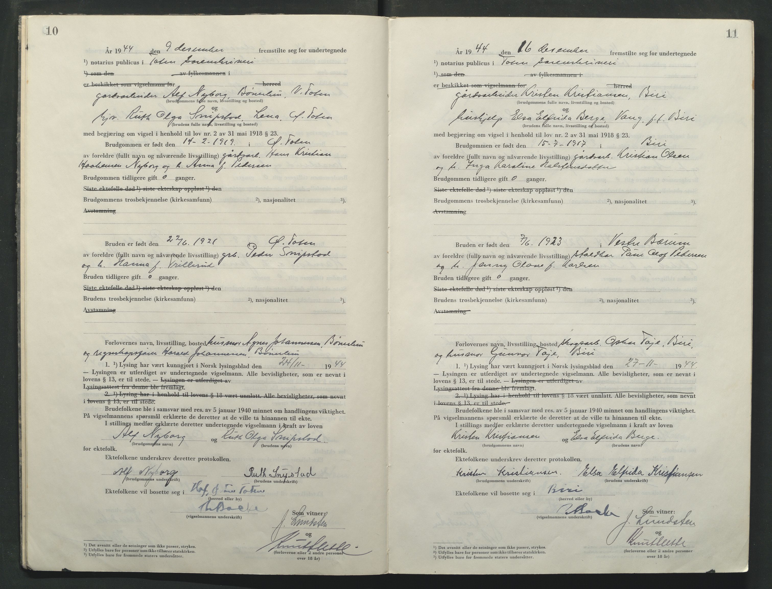 Toten tingrett, AV/SAH-TING-006/L/Lc/L0005: Vigselbok, 1944-1948, s. 10-11