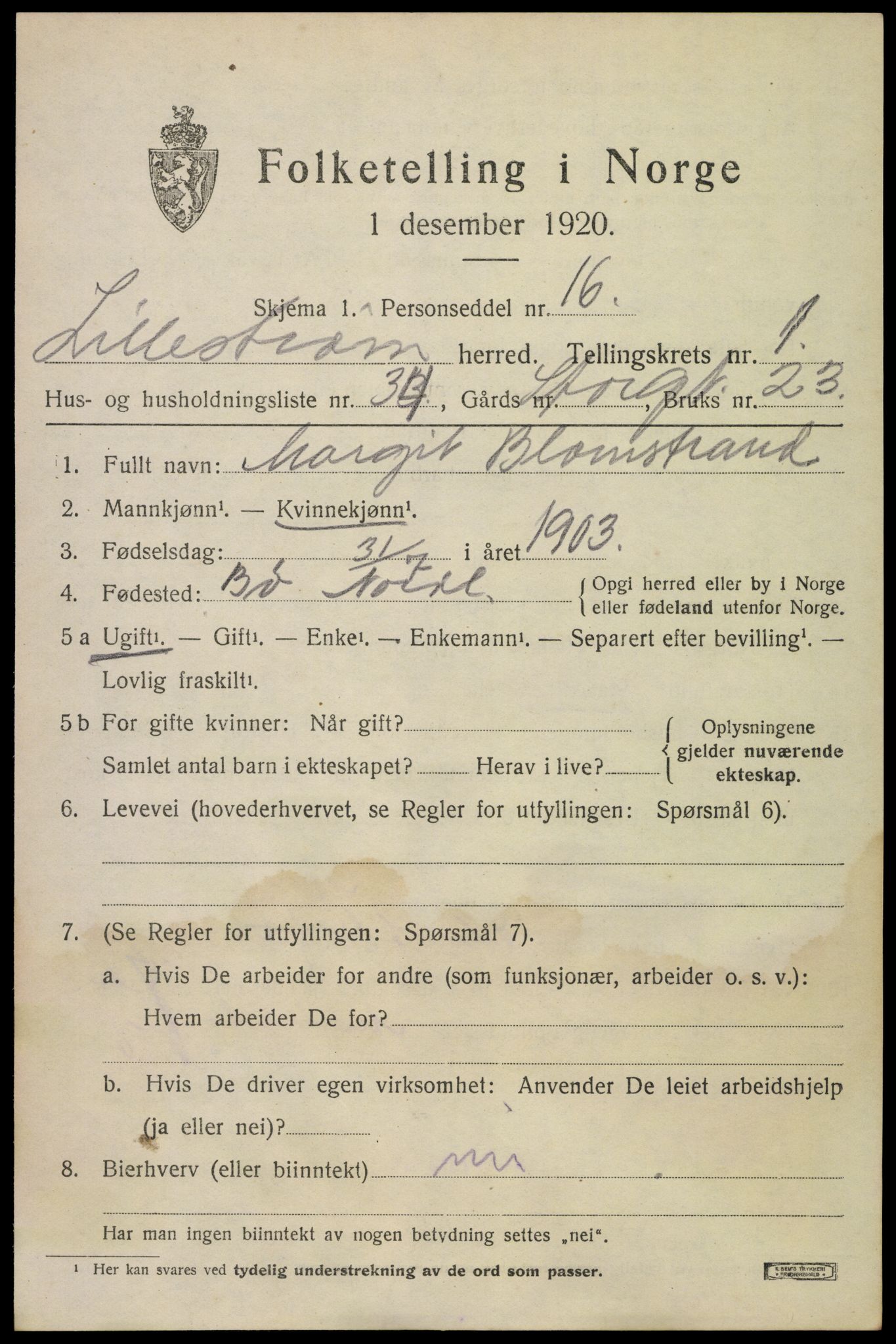 SAO, Folketelling 1920 for 0232 Lillestrøm herred, 1920, s. 2022