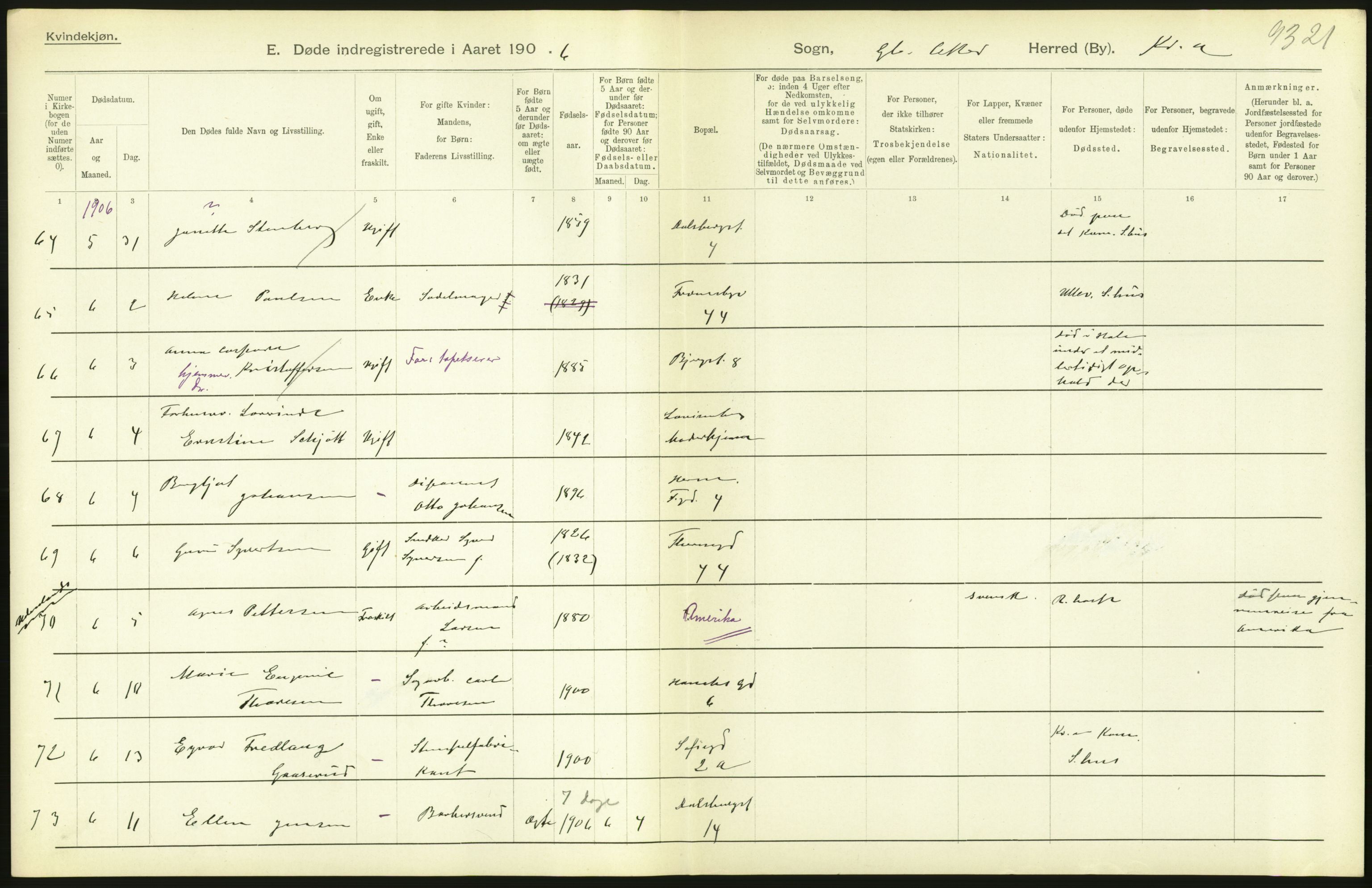 Statistisk sentralbyrå, Sosiodemografiske emner, Befolkning, RA/S-2228/D/Df/Dfa/Dfad/L0010: Kristiania: Døde, dødfødte, 1906, s. 164