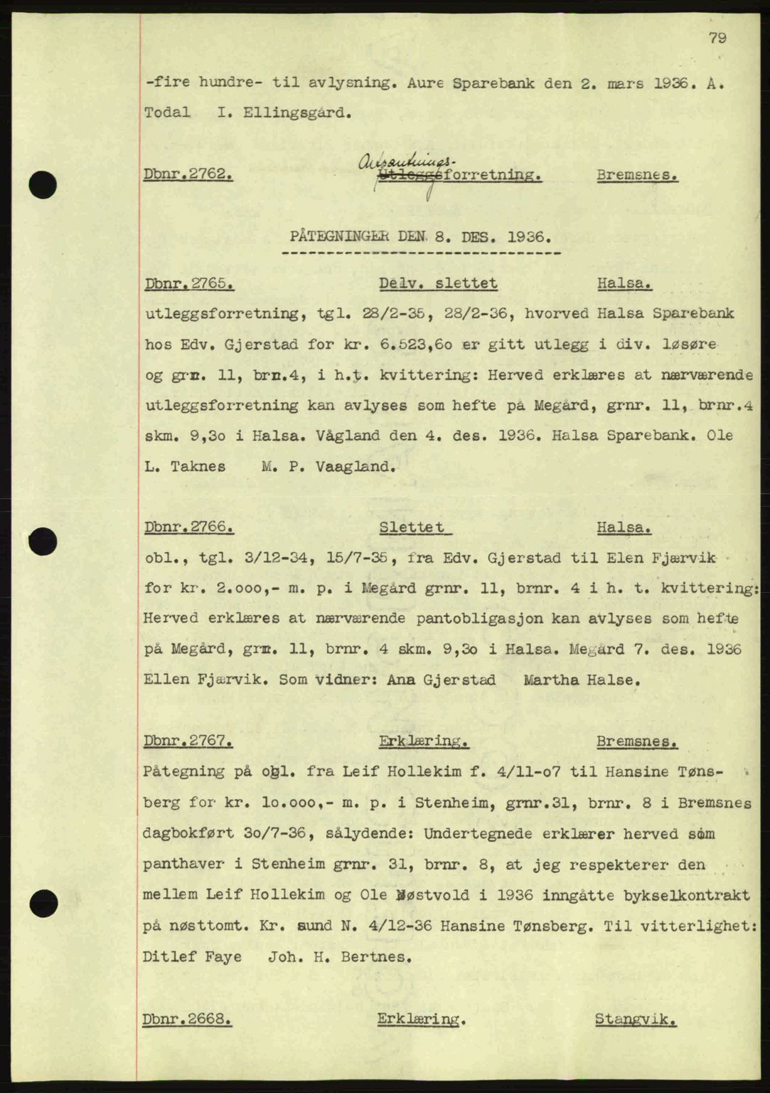 Nordmøre sorenskriveri, SAT/A-4132/1/2/2Ca: Pantebok nr. C80, 1936-1939, Dagboknr: 2762/1936