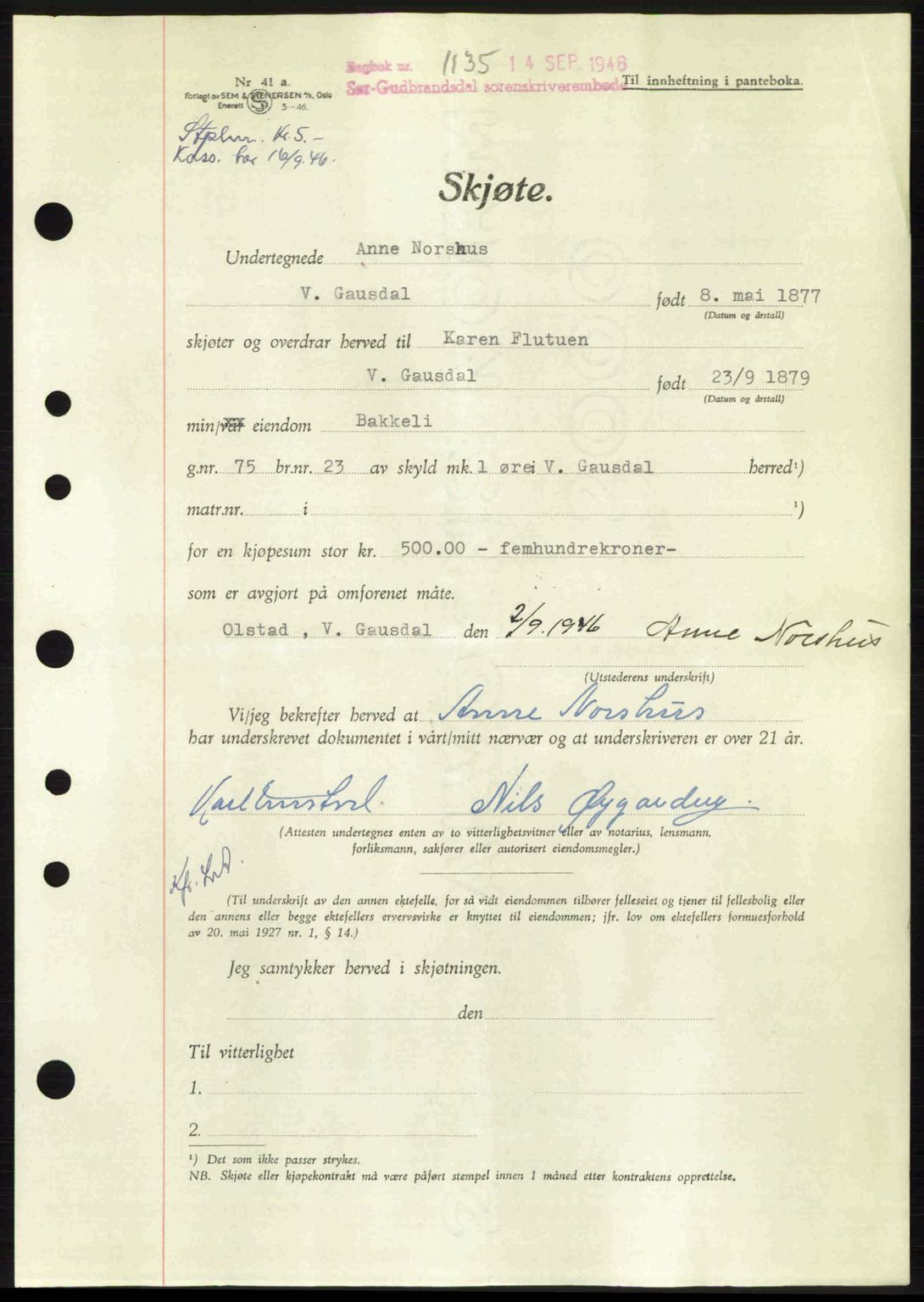 Sør-Gudbrandsdal tingrett, SAH/TING-004/H/Hb/Hbd/L0016: Pantebok nr. A16, 1946-1946, Dagboknr: 1135/1946