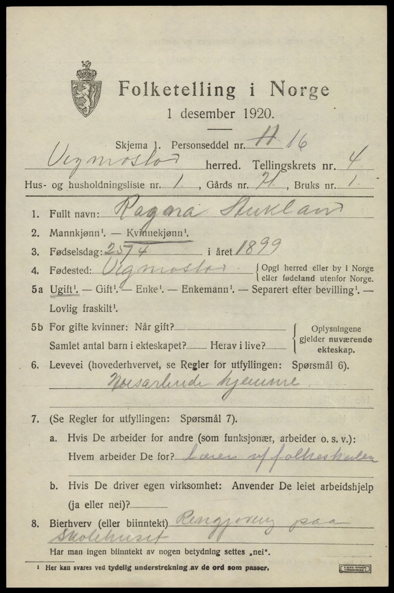 SAK, Folketelling 1920 for 1028 Vigmostad herred, 1920, s. 1203