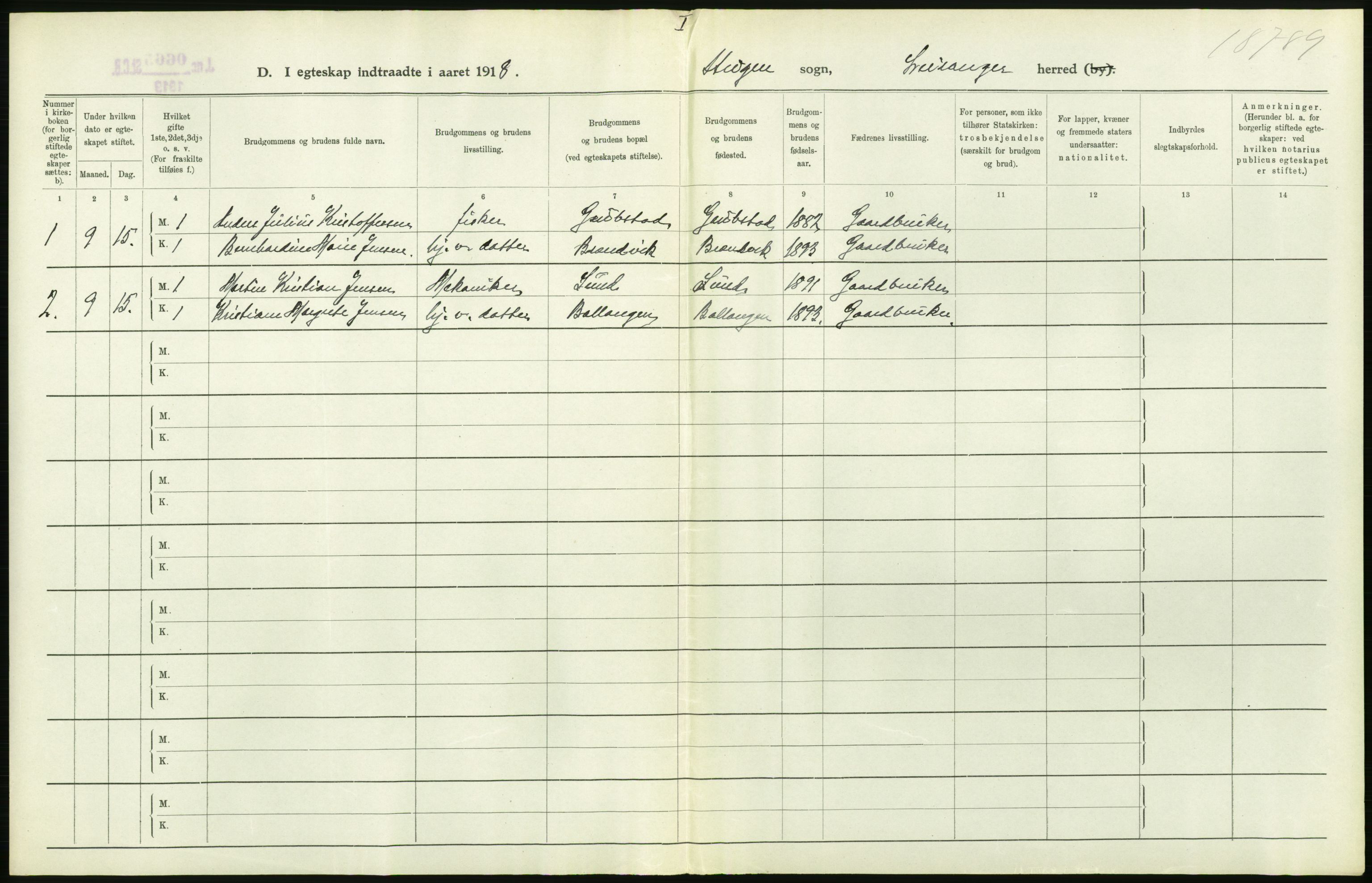 Statistisk sentralbyrå, Sosiodemografiske emner, Befolkning, RA/S-2228/D/Df/Dfb/Dfbh/L0054: Nordland fylke: Gifte, dødfødte. Bygder og byer., 1918, s. 174