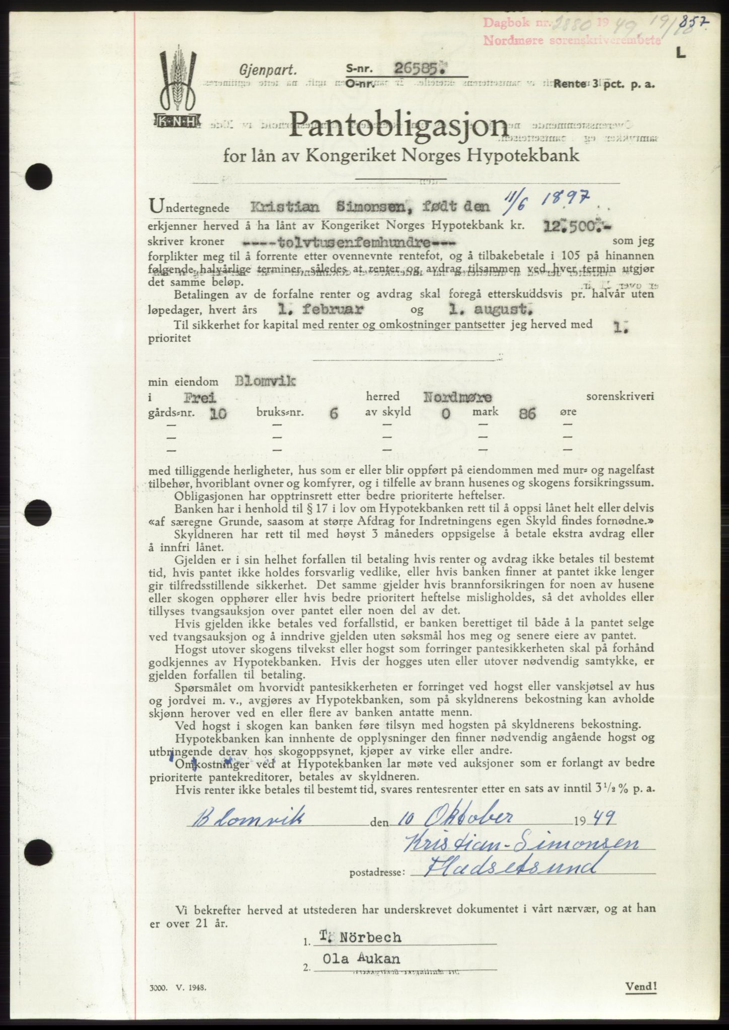 Nordmøre sorenskriveri, AV/SAT-A-4132/1/2/2Ca: Pantebok nr. B102, 1949-1949, Dagboknr: 2880/1949