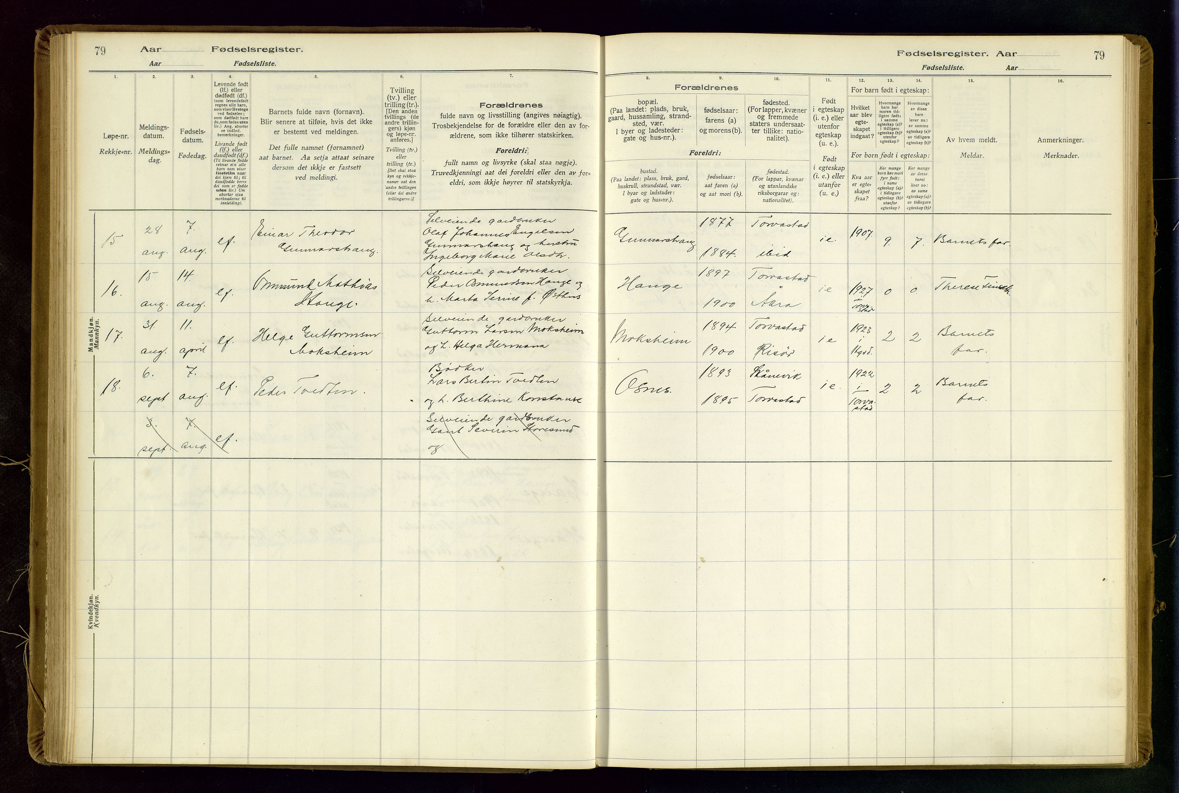 Torvastad sokneprestkontor, SAST/A -101857/I/Id/L0002: Fødselsregister nr. 2, 1916-1950, s. 79