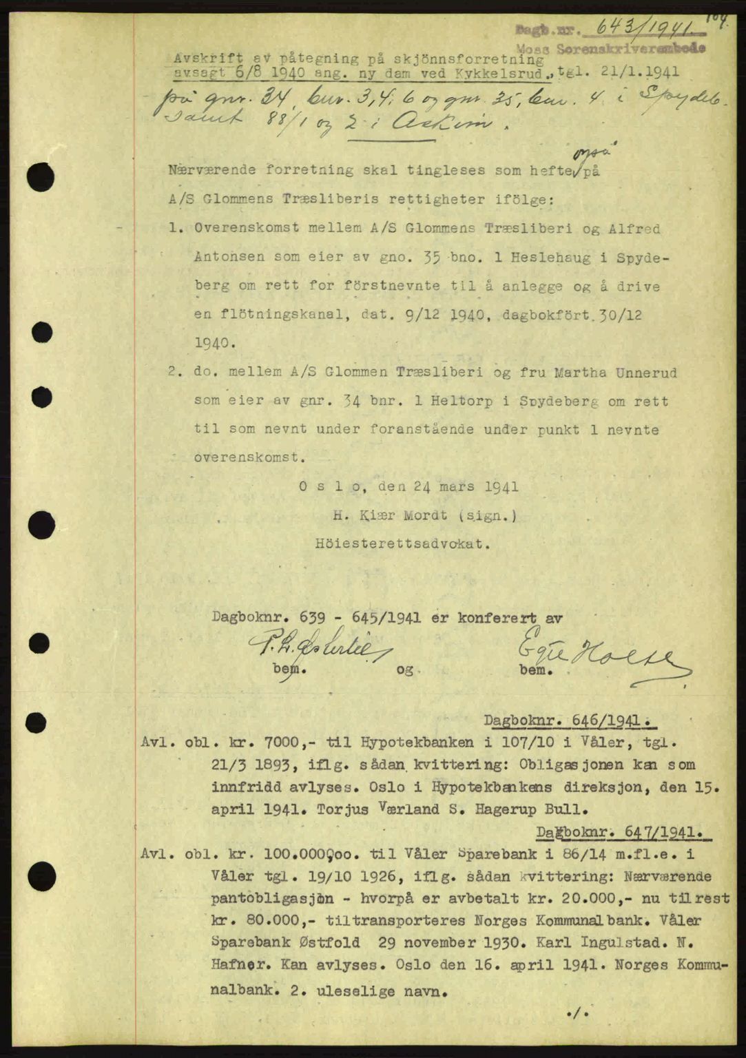 Moss sorenskriveri, SAO/A-10168: Pantebok nr. B10, 1940-1941, Dagboknr: 643/1941
