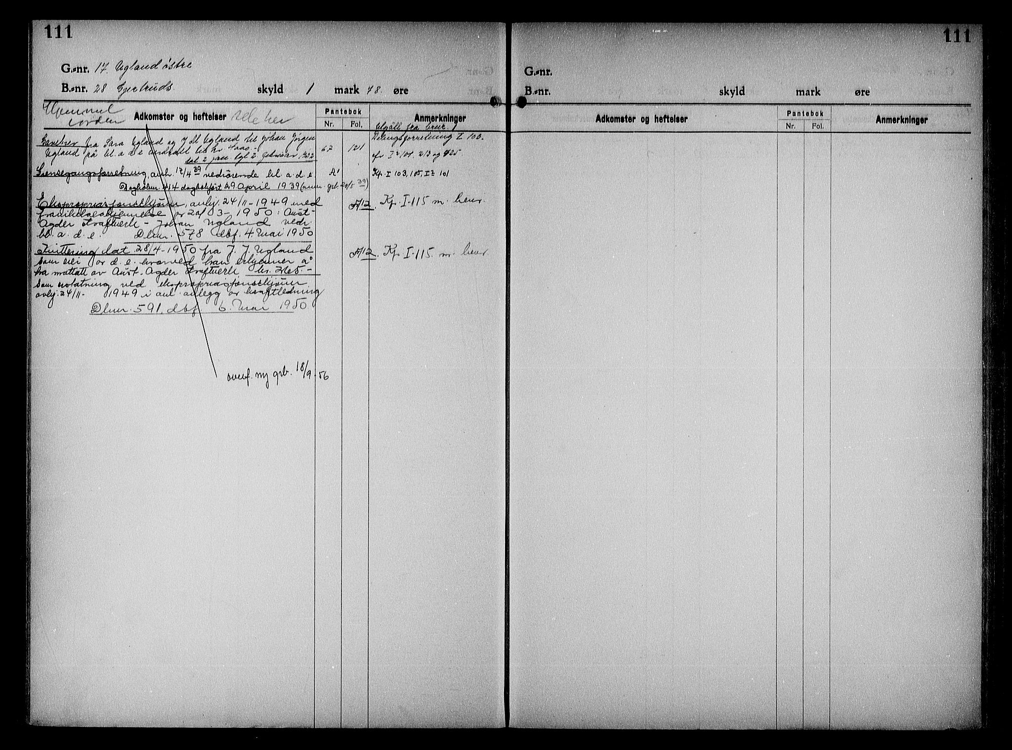 Vestre Nedenes/Sand sorenskriveri, SAK/1221-0010/G/Ga/L0023: Panteregister nr. 16, 1923-1957, s. 111