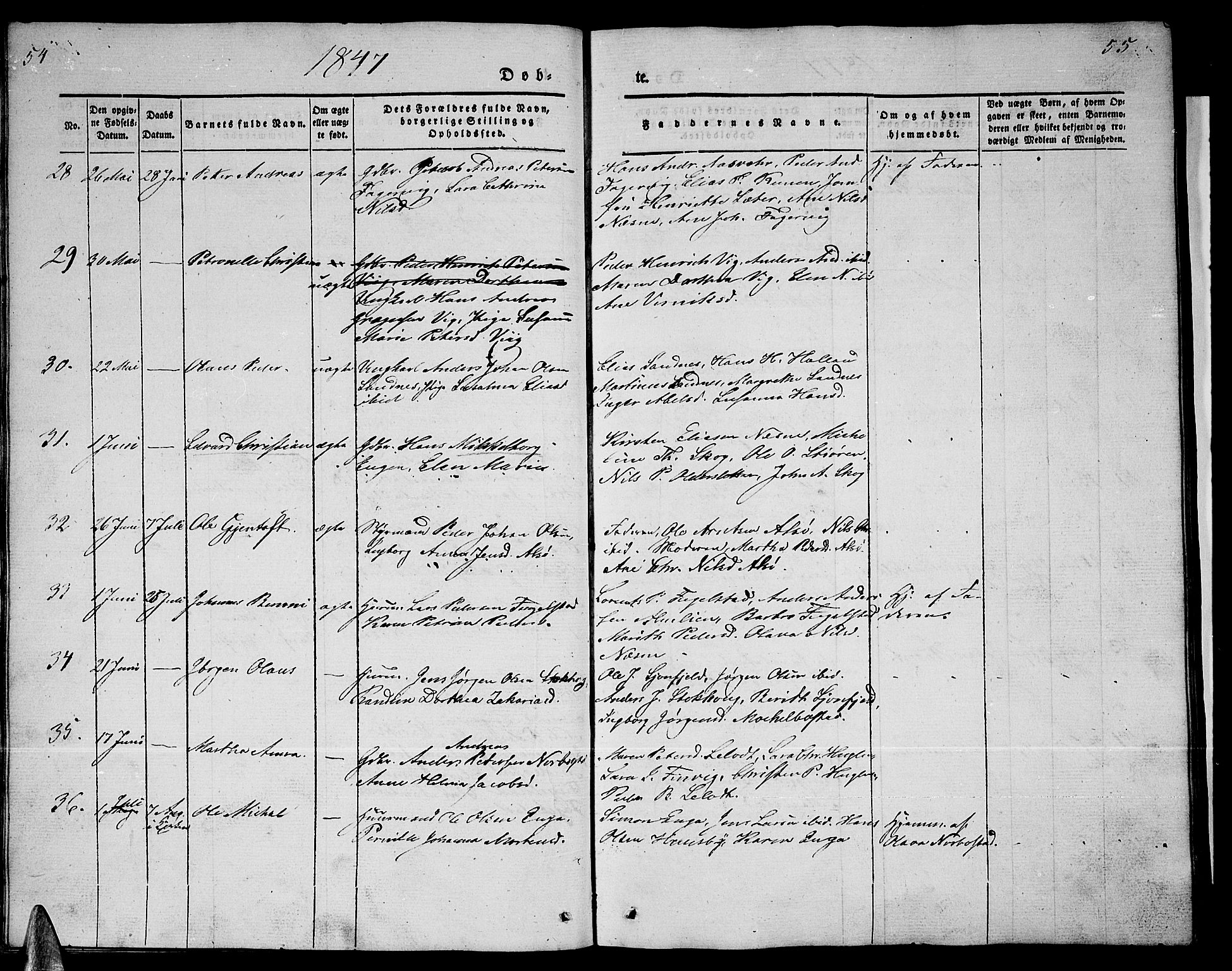 Ministerialprotokoller, klokkerbøker og fødselsregistre - Nordland, AV/SAT-A-1459/838/L0555: Klokkerbok nr. 838C02, 1842-1861, s. 54-55