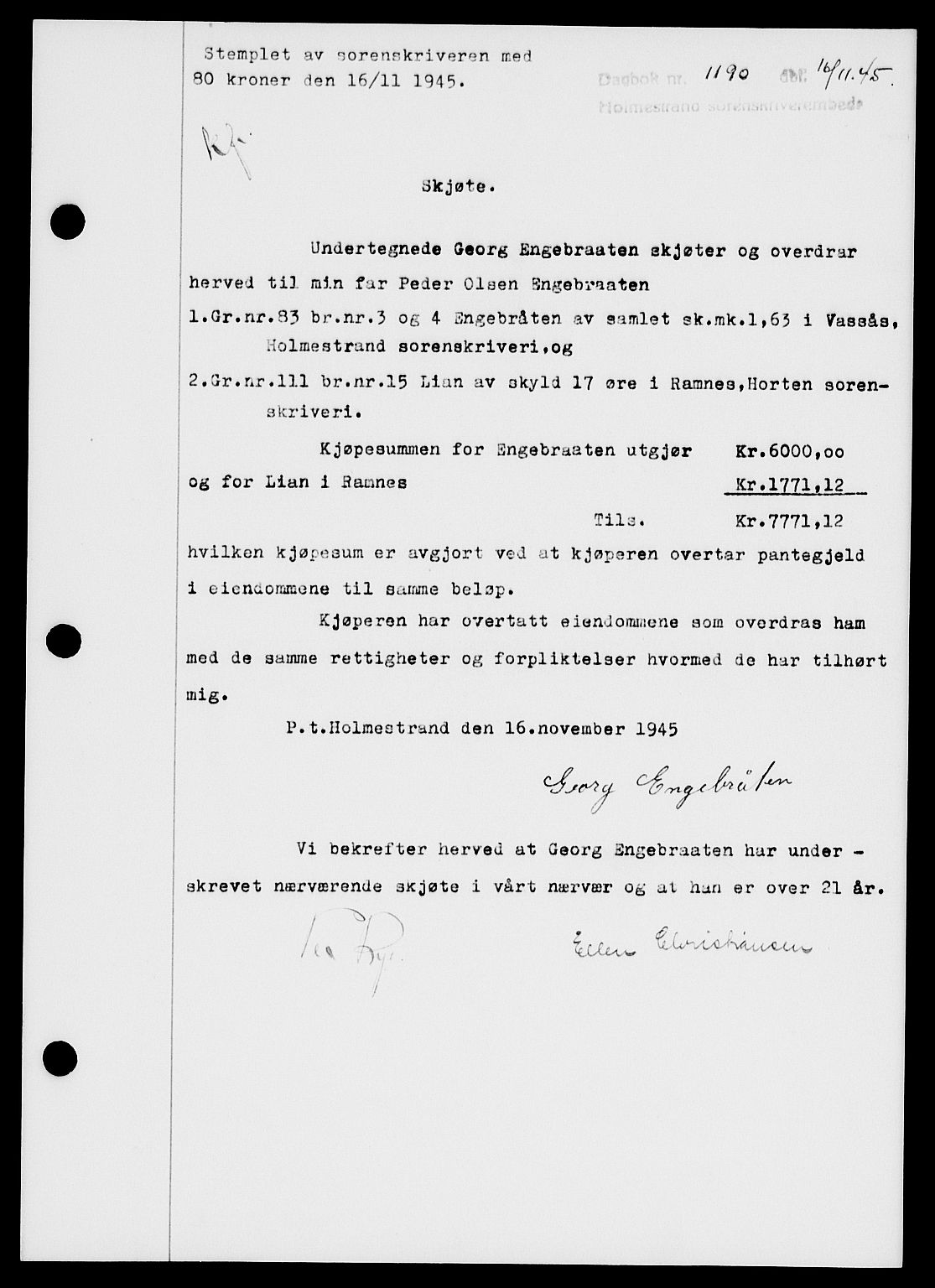 Holmestrand sorenskriveri, SAKO/A-67/G/Ga/Gaa/L0059: Pantebok nr. A-59, 1945-1946, Dagboknr: 1190/1945