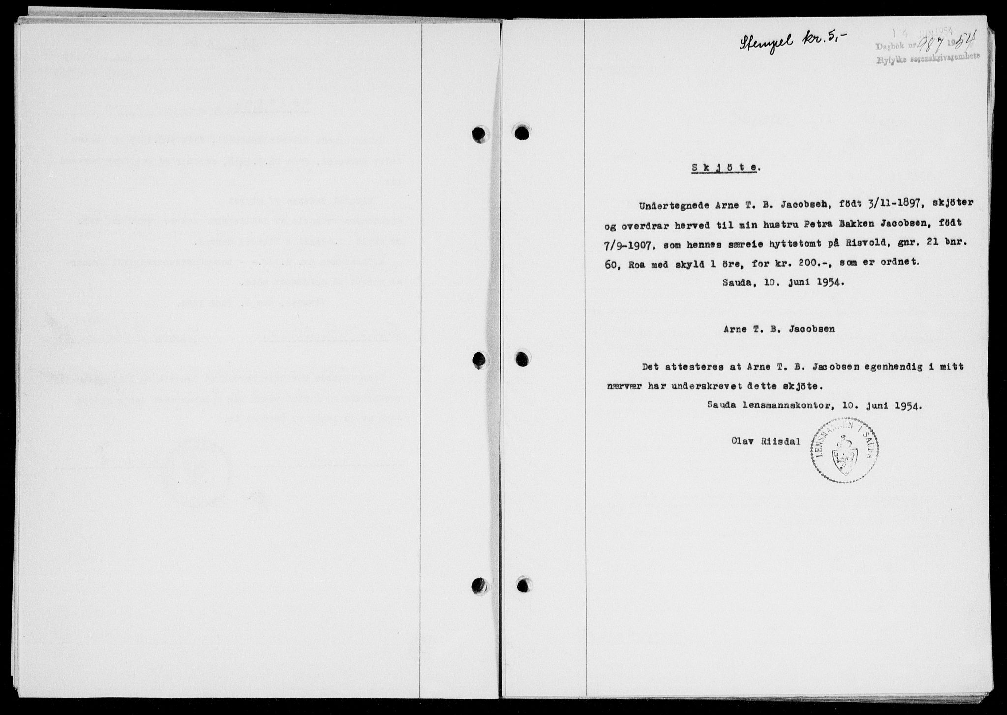 Ryfylke tingrett, SAST/A-100055/001/II/IIB/L0125: Pantebok nr. 104, 1954-1954, Dagboknr: 987/1954
