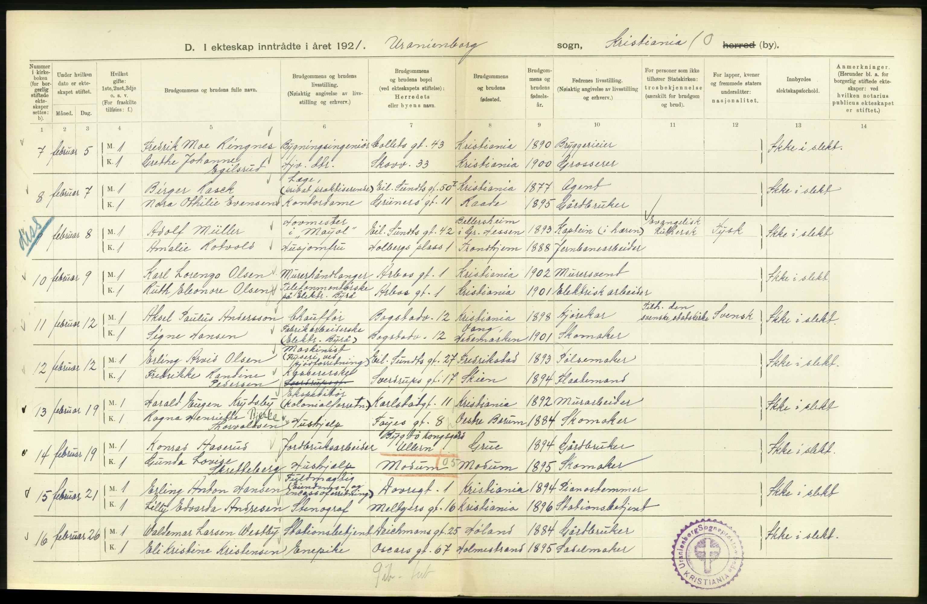 Statistisk sentralbyrå, Sosiodemografiske emner, Befolkning, AV/RA-S-2228/D/Df/Dfc/Dfca/L0011: Kristiania: Gifte, 1921, s. 224