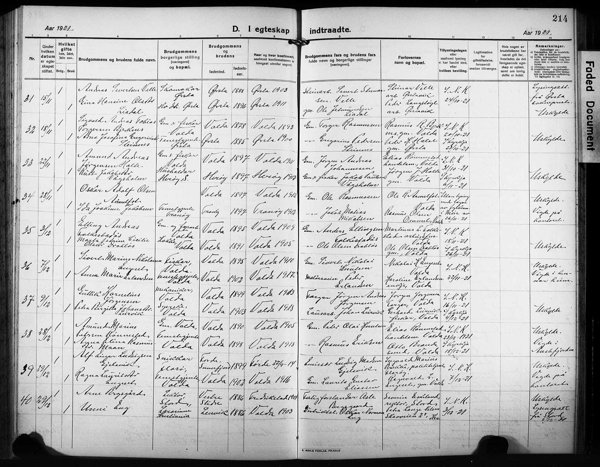 Ministerialprotokoller, klokkerbøker og fødselsregistre - Møre og Romsdal, AV/SAT-A-1454/511/L0160: Klokkerbok nr. 511C06, 1920-1932, s. 214