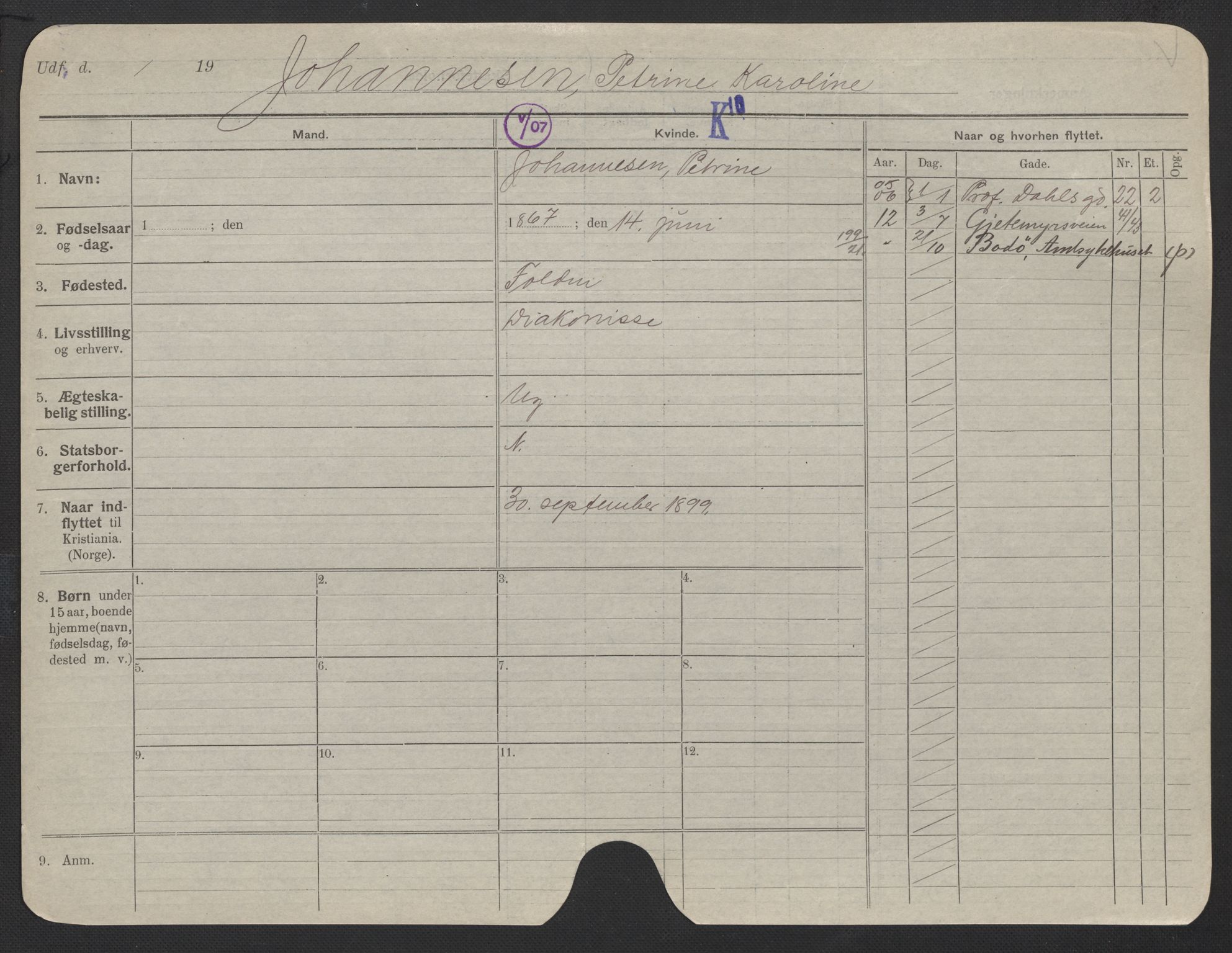 Oslo folkeregister, Registerkort, SAO/A-11715/F/Fa/Fac/L0018: Kvinner, 1906-1914, s. 376a