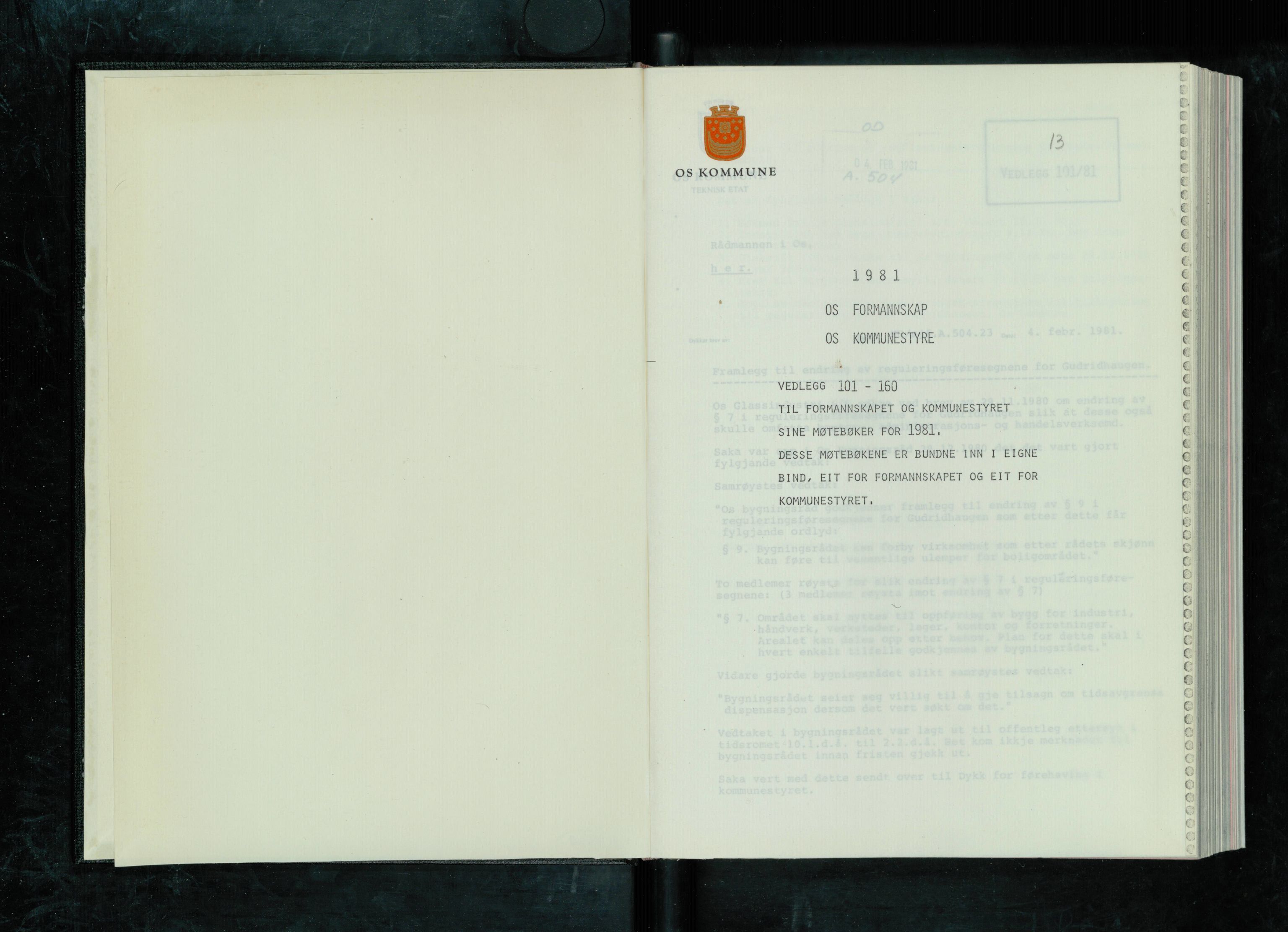 Os kommune. Formannskapet, IKAH/1243-021/A/Ad/L0039: Protokoll over saksvedlegg til møtebøker for formannskapet og kommunestyret. Vedlegg 101-160, 1981