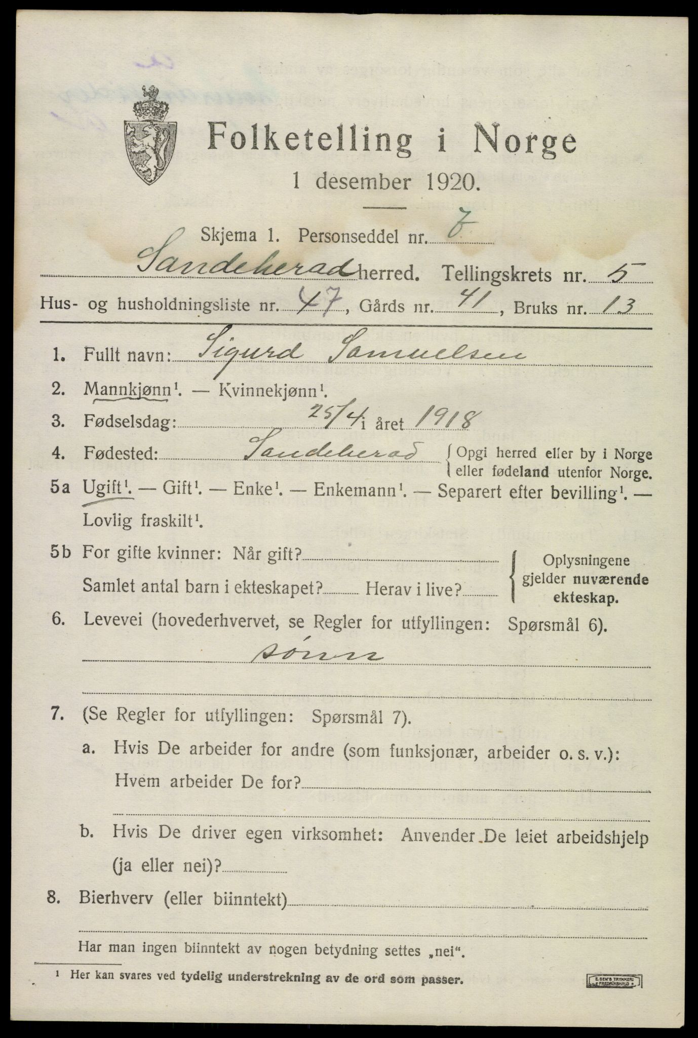 SAKO, Folketelling 1920 for 0724 Sandeherred herred, 1920, s. 8622