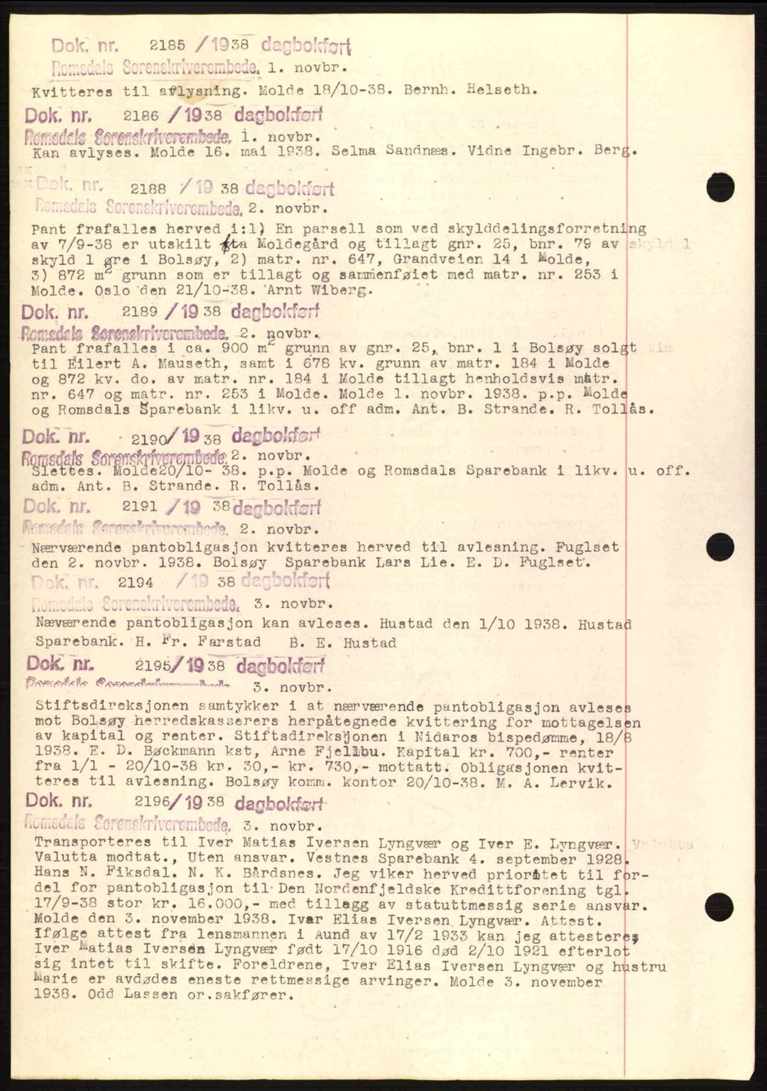 Romsdal sorenskriveri, AV/SAT-A-4149/1/2/2C: Pantebok nr. C1a, 1936-1945, Dagboknr: 2185/1938