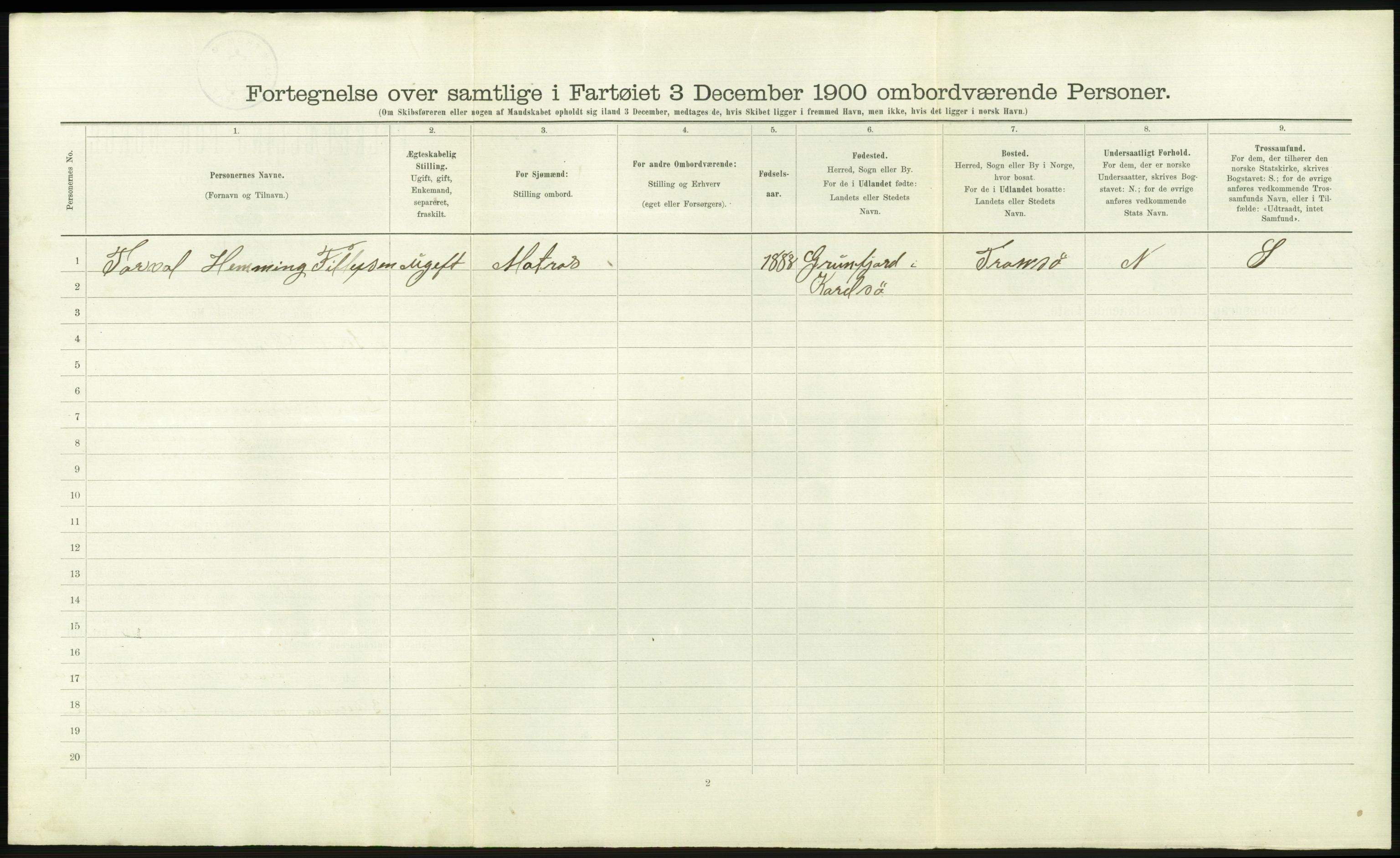 RA, Folketelling 1900 - skipslister med personlister for skip i norske havner, utenlandske havner og til havs, 1900, s. 2696