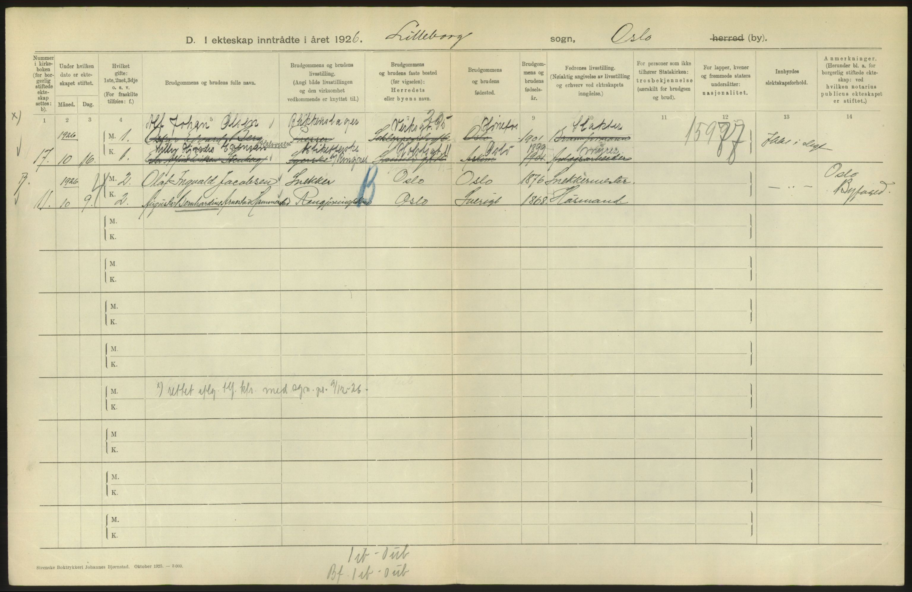 Statistisk sentralbyrå, Sosiodemografiske emner, Befolkning, AV/RA-S-2228/D/Df/Dfc/Dfcf/L0008: Oslo: Gifte, 1926, s. 854