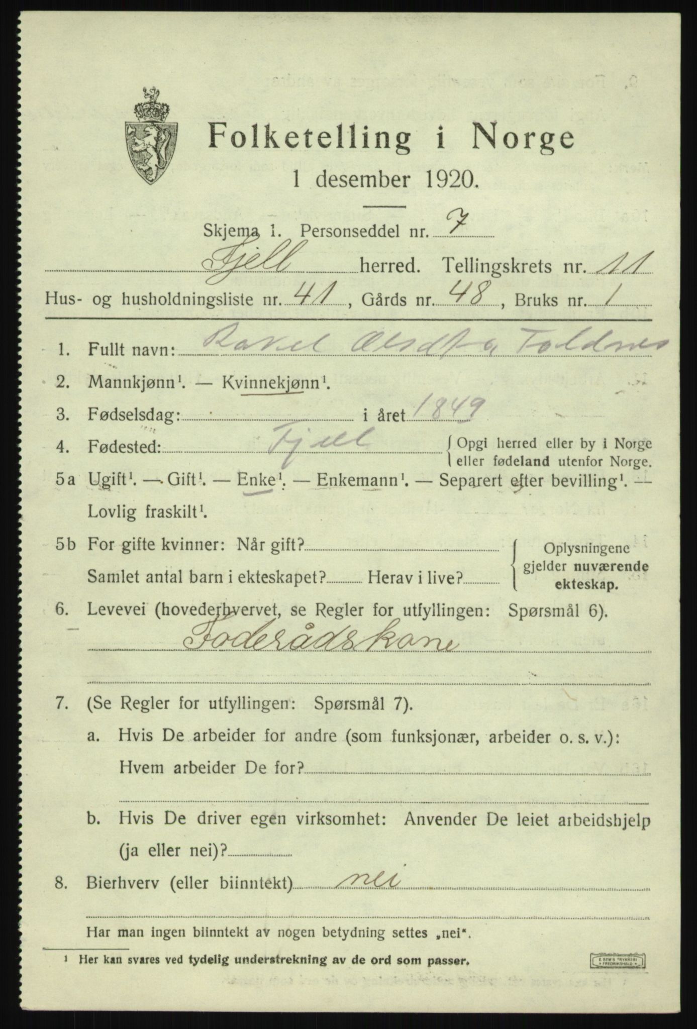 SAB, Folketelling 1920 for 1246 Fjell herred, 1920, s. 10374