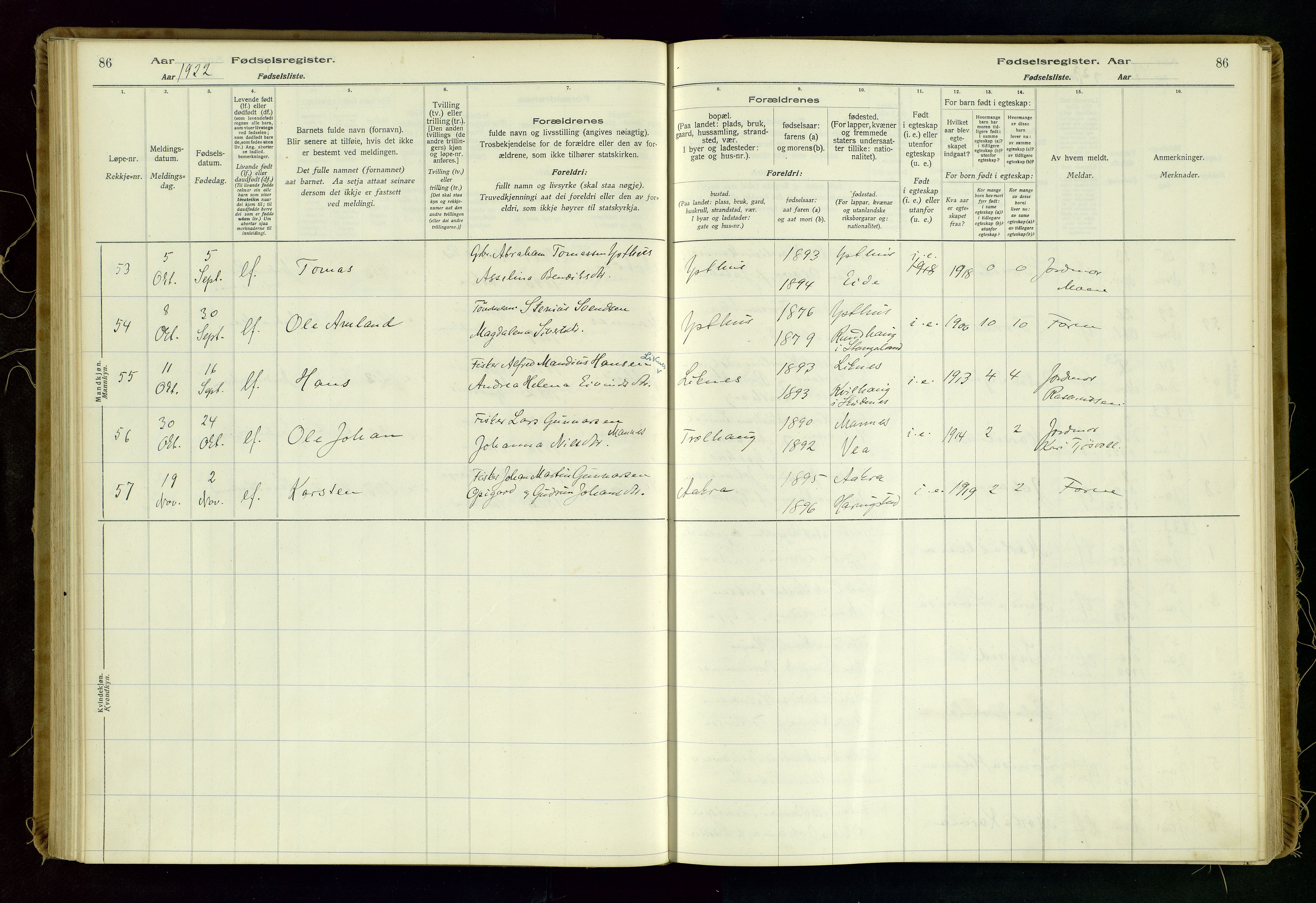 Kopervik sokneprestkontor, AV/SAST-A-101850/I/Id/L0006: Fødselsregister nr. 6, 1916-1934, s. 86