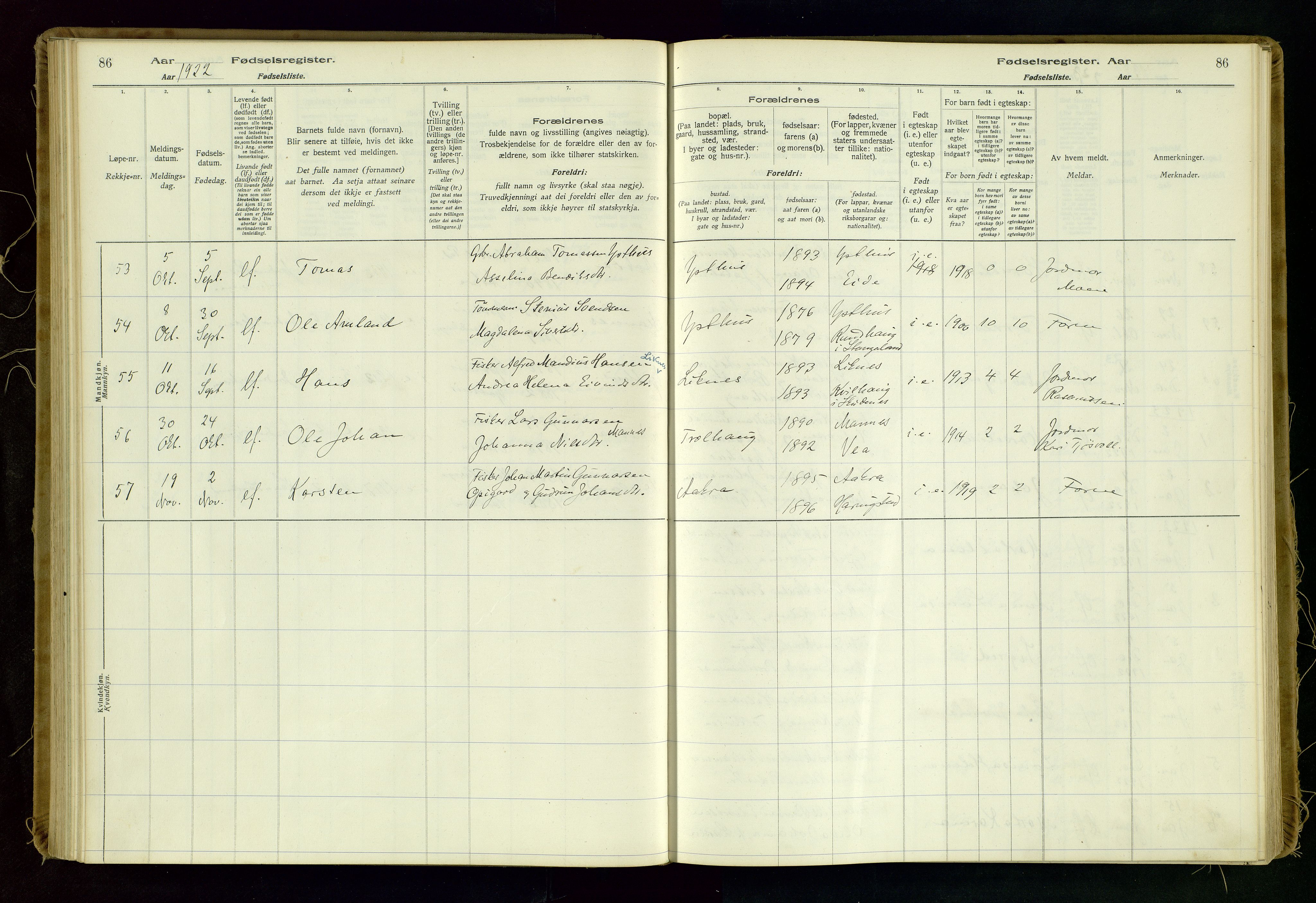 Kopervik sokneprestkontor, SAST/A-101850/I/Id/L0006: Fødselsregister nr. 6, 1916-1934, s. 86