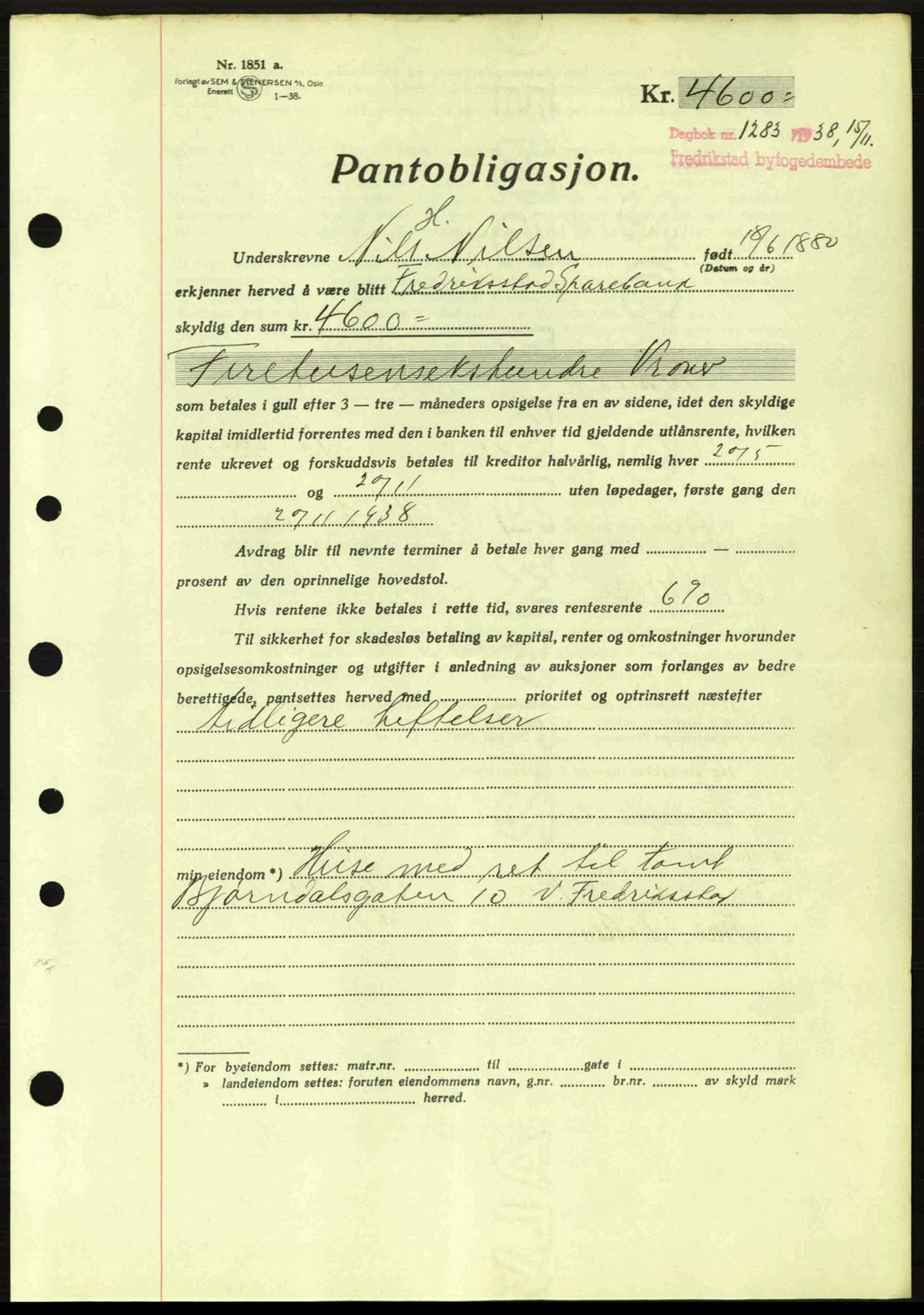 Fredrikstad byfogd, SAO/A-10473a/G/Ga/Gad/L0002: Pantebok nr. B2, 1938-1939, Dagboknr: 1283/1938