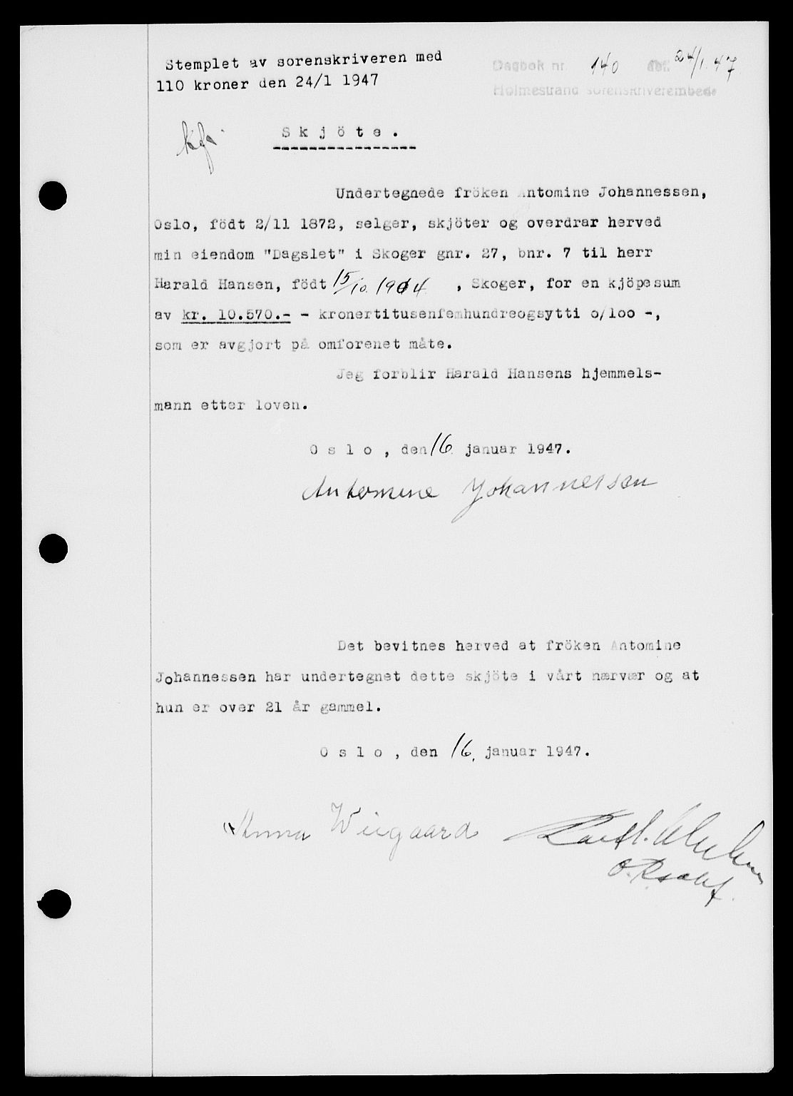 Holmestrand sorenskriveri, SAKO/A-67/G/Ga/Gaa/L0061: Pantebok nr. A-61, 1946-1947, Dagboknr: 140/1947