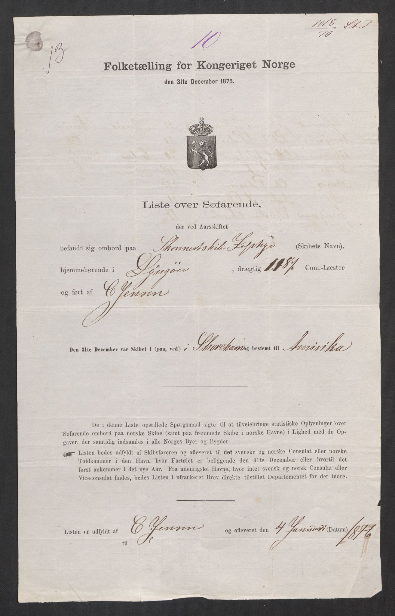 RA, Folketelling 1875, skipslister: Skip i utenrikske havner, hjemmehørende i 1) byer og ladesteder, Grimstad - Tromsø, 2) landdistrikter, 1875, s. 1118