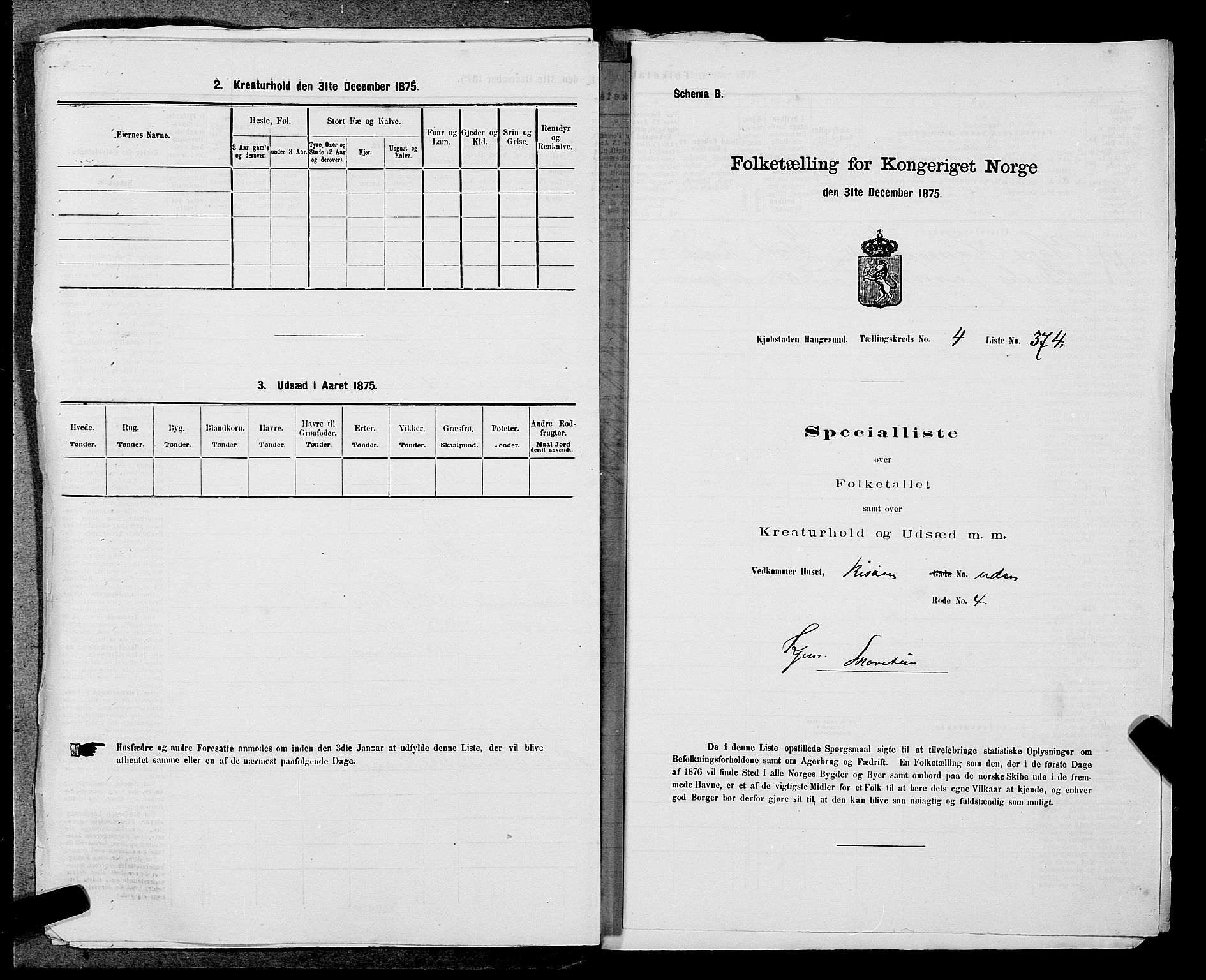 SAST, Folketelling 1875 for 1106B Torvastad prestegjeld, Haugesund kjøpstad, 1875, s. 835