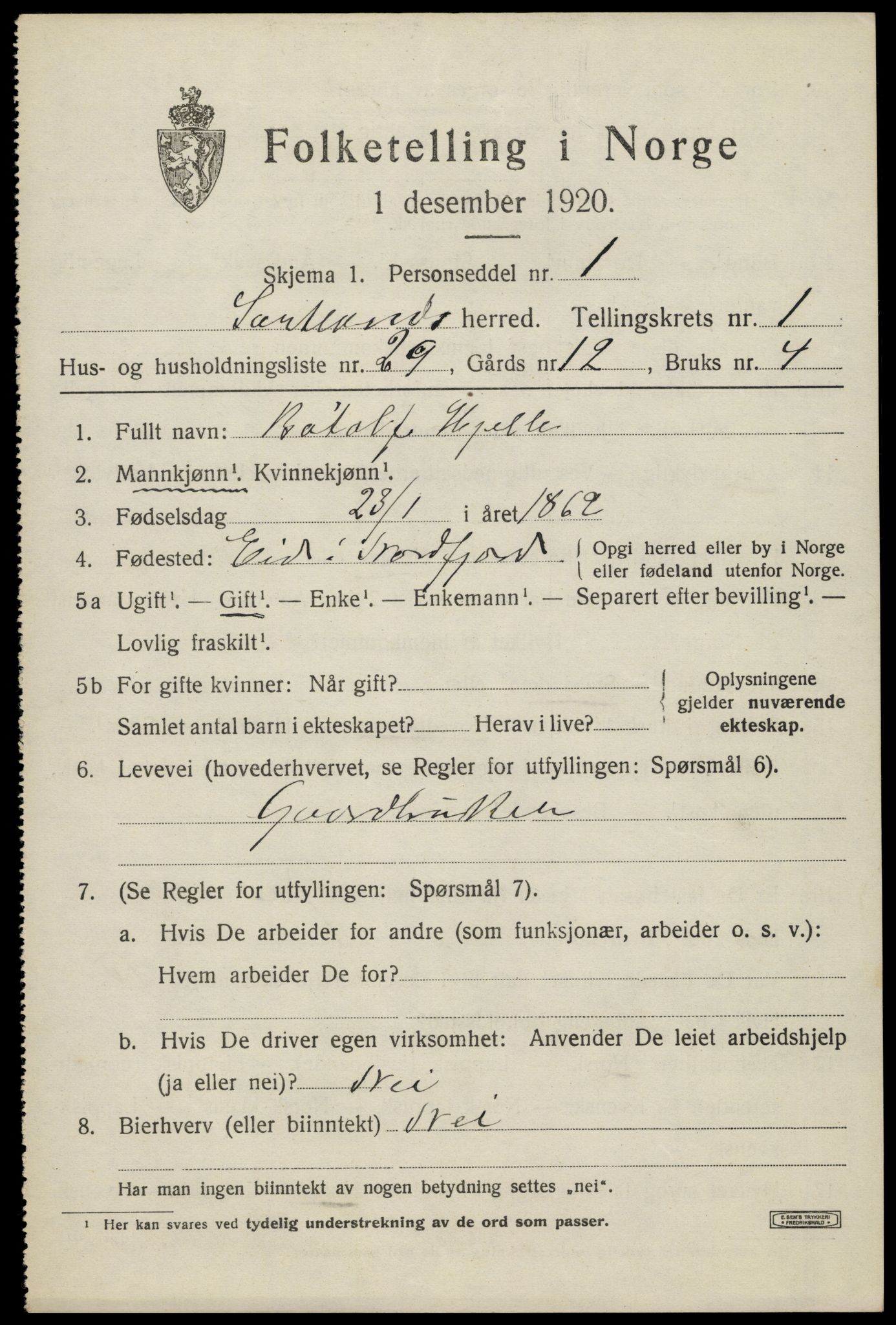 SAT, Folketelling 1920 for 1870 Sortland herred, 1920, s. 1896