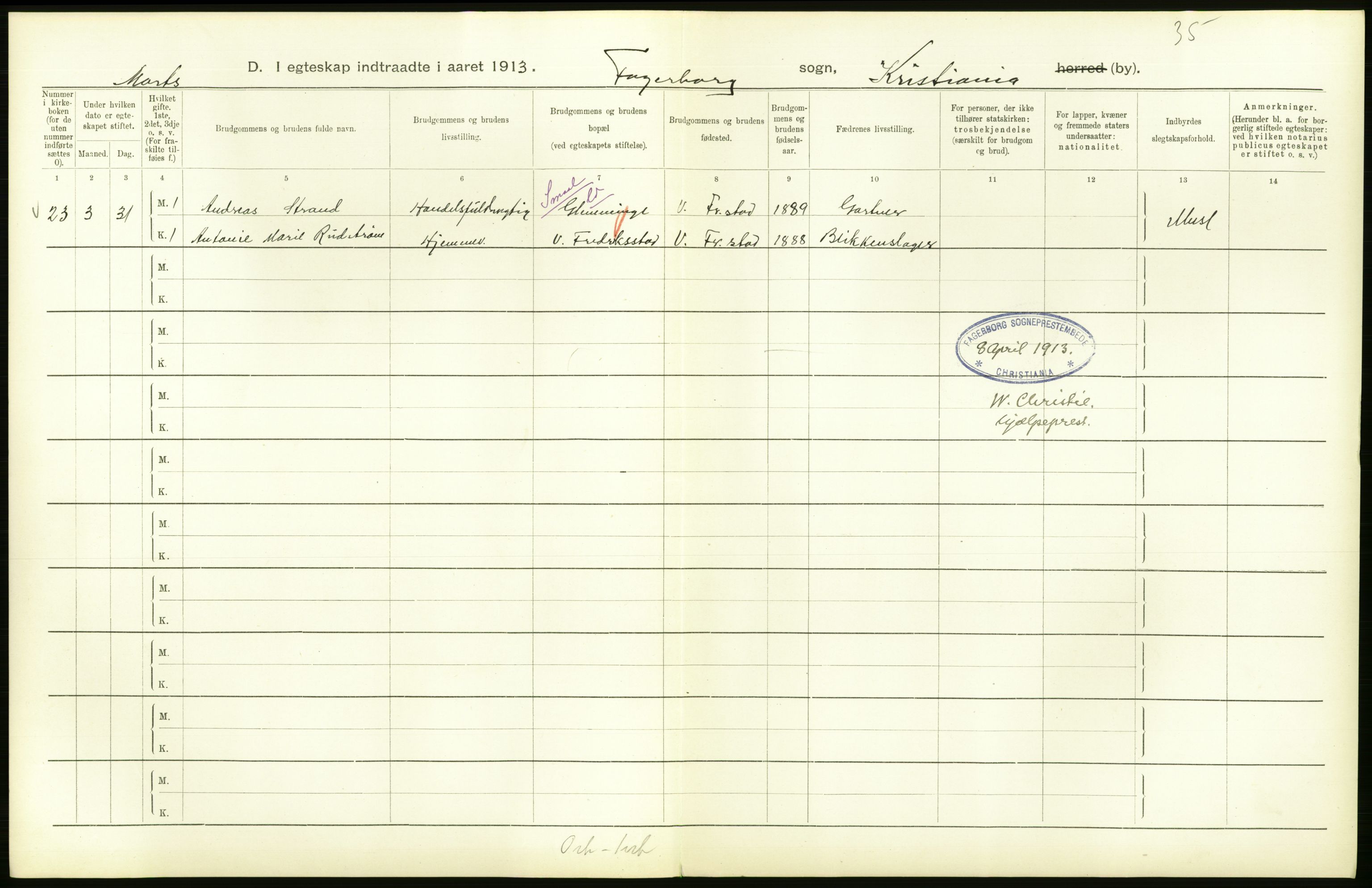 Statistisk sentralbyrå, Sosiodemografiske emner, Befolkning, RA/S-2228/D/Df/Dfb/Dfbc/L0008: Kristiania: Gifte., 1913, s. 532