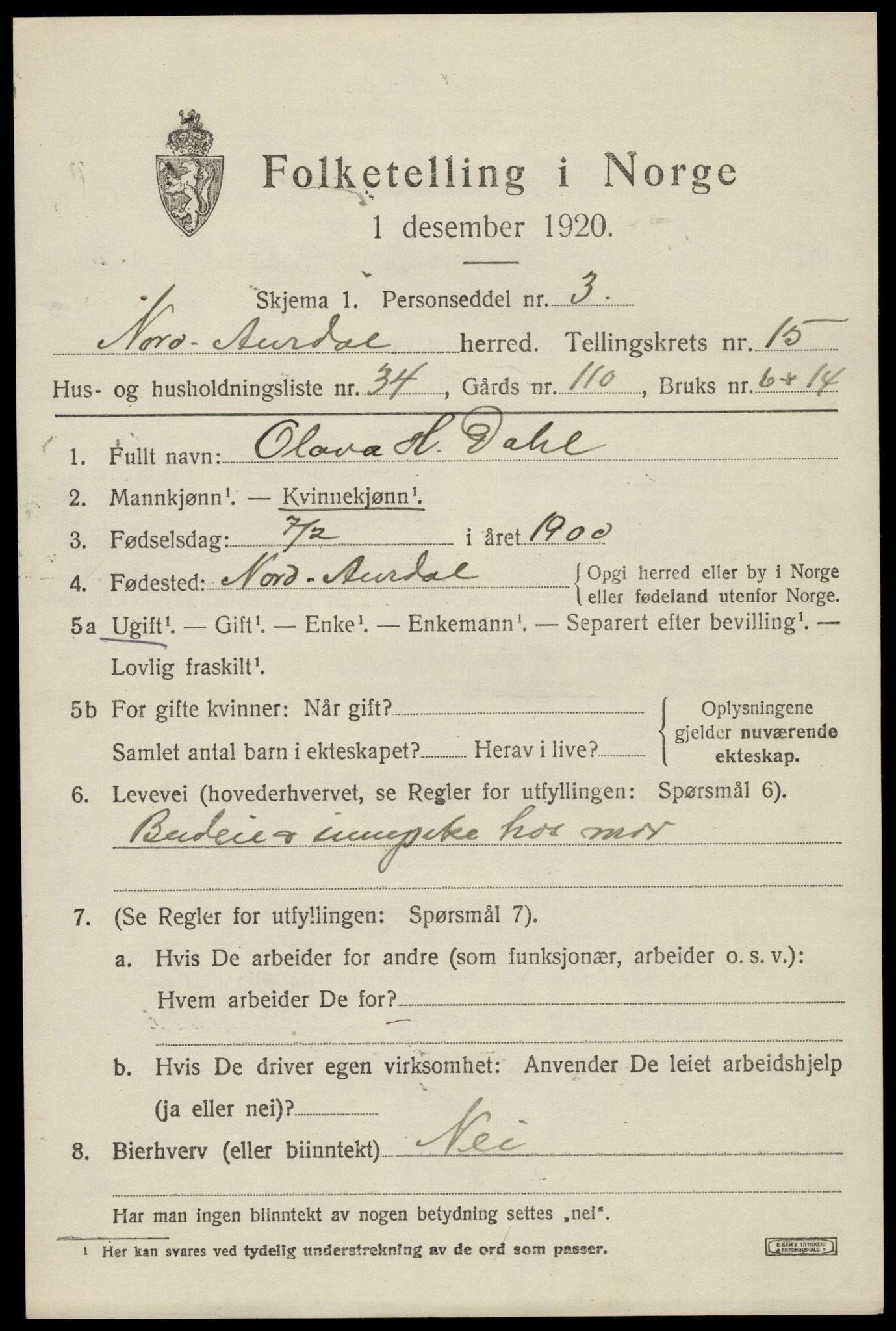 SAH, Folketelling 1920 for 0542 Nord-Aurdal herred, 1920, s. 11480