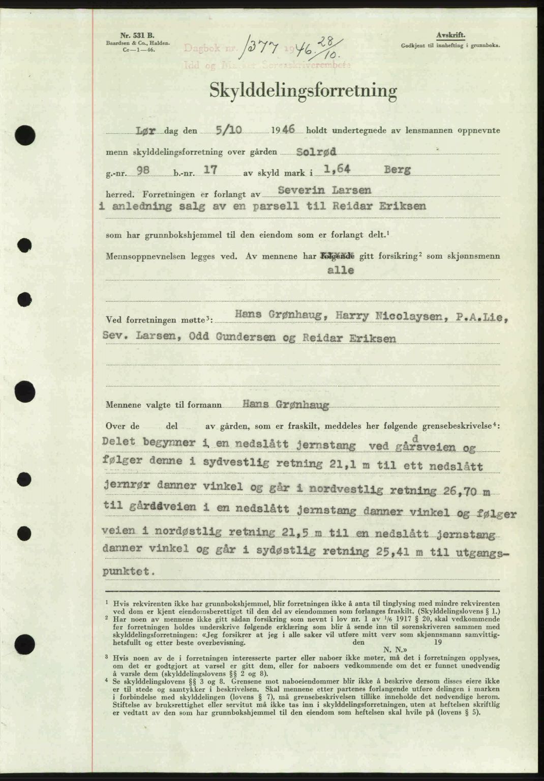 Idd og Marker sorenskriveri, SAO/A-10283/G/Gb/Gbb/L0008: Pantebok nr. A8, 1946-1946, Dagboknr: 1377/1946