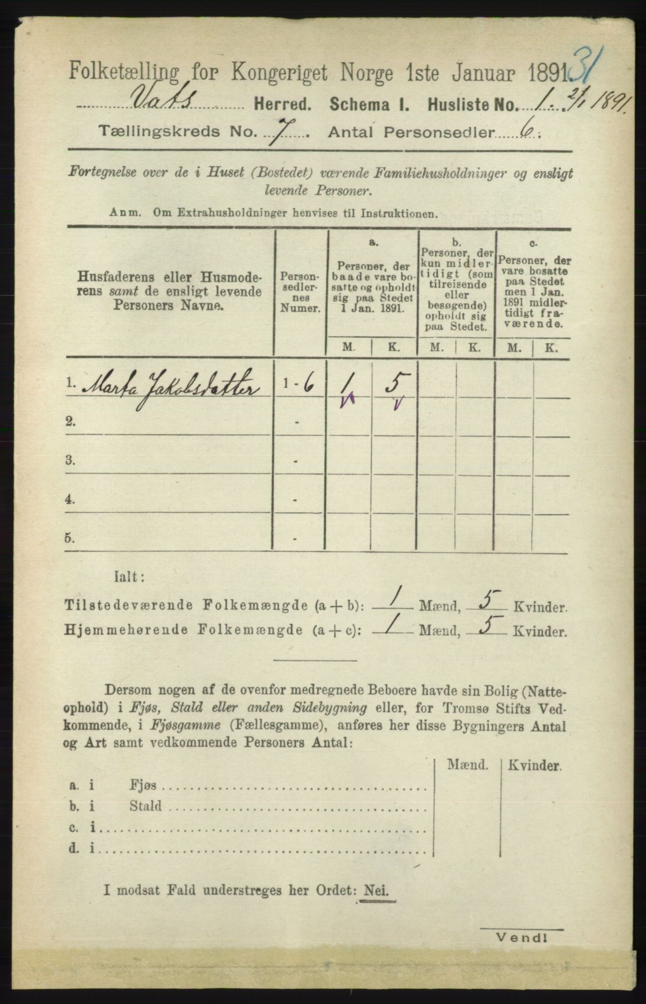 RA, Folketelling 1891 for 1155 Vats herred, 1891, s. 1060