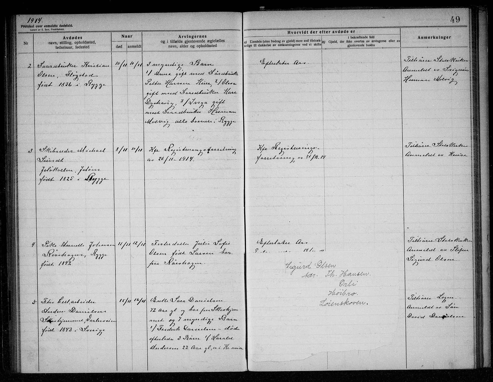 Rygge lensmannskontor, AV/SAO-A-10005/H/Ha/Haa/L0005: Dødsfallsprotokoll, 1912-1916, s. 49