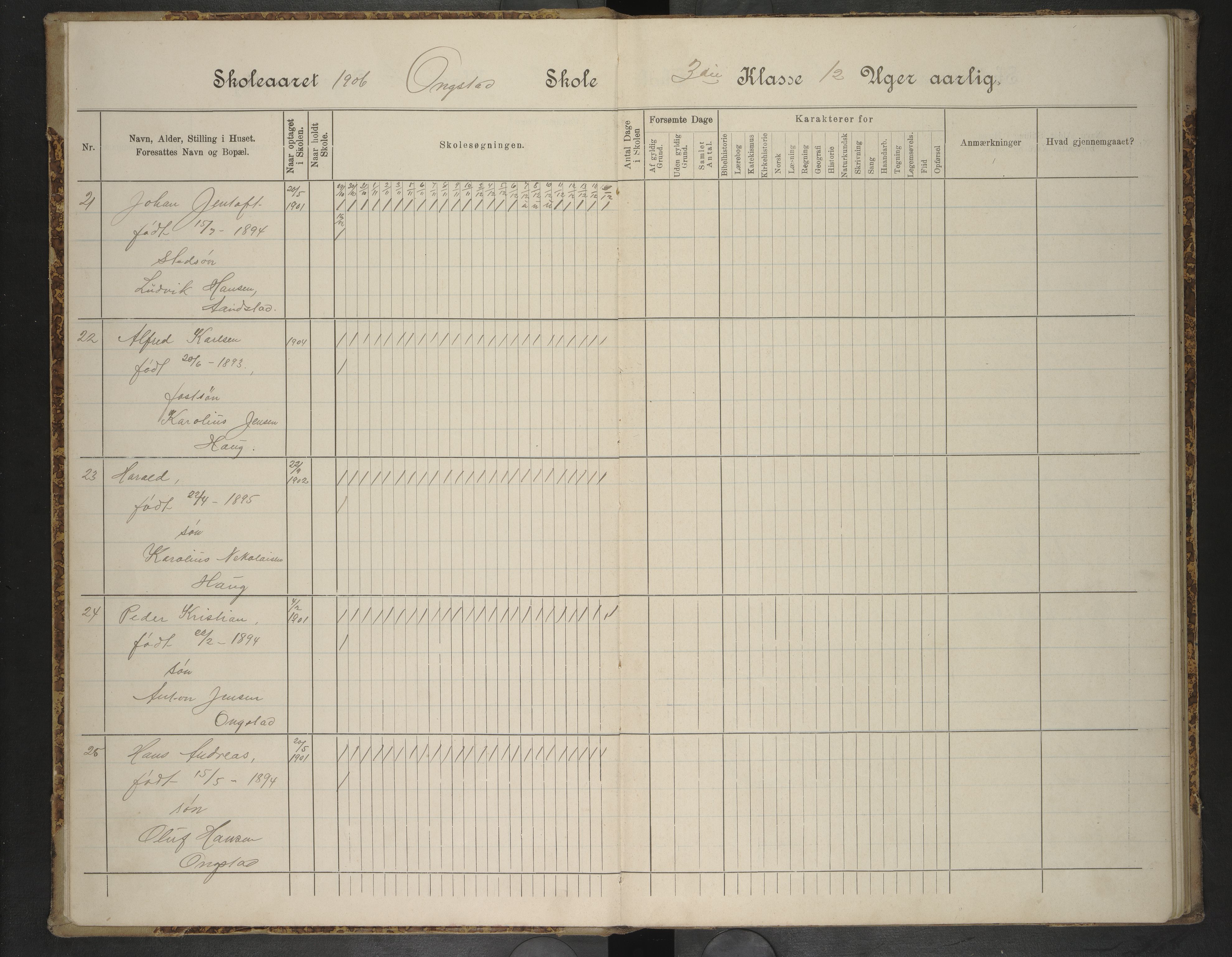 Hadsel kommune. Ongstad skolekrets, AIN/K-18660.510.26/F/Fa/L0003: Skoleprotokoll for Ongstad skole, 1906-1910